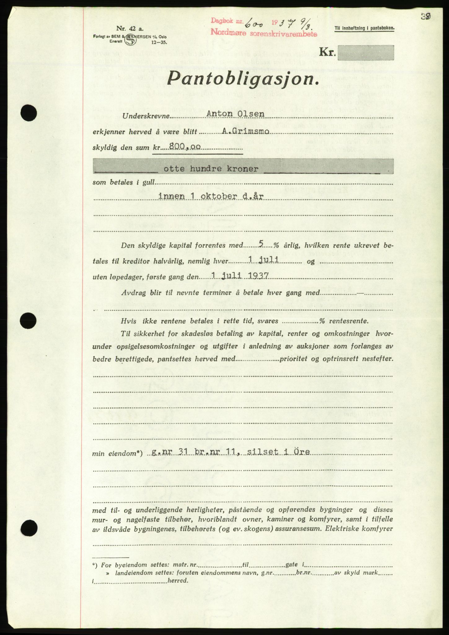 Nordmøre sorenskriveri, AV/SAT-A-4132/1/2/2Ca/L0091: Pantebok nr. B81, 1937-1937, Dagboknr: 600/1937