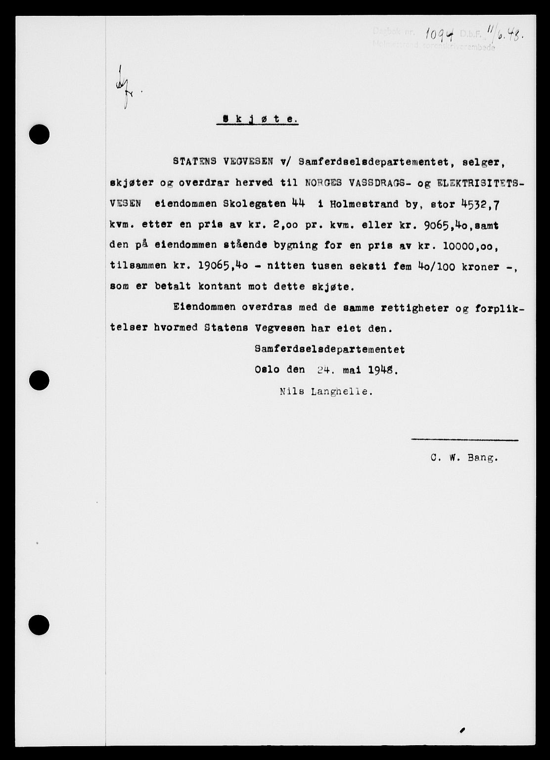 Holmestrand sorenskriveri, SAKO/A-67/G/Ga/Gaa/L0064: Pantebok nr. A-64, 1948-1948, Dagboknr: 1094/1948