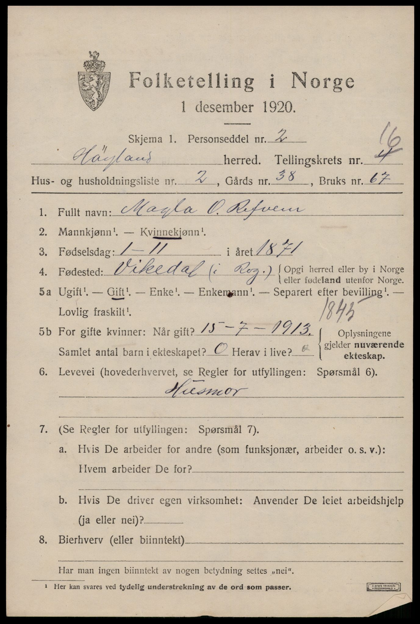 SAST, Folketelling 1920 for 1123 Høyland herred, 1920, s. 14116