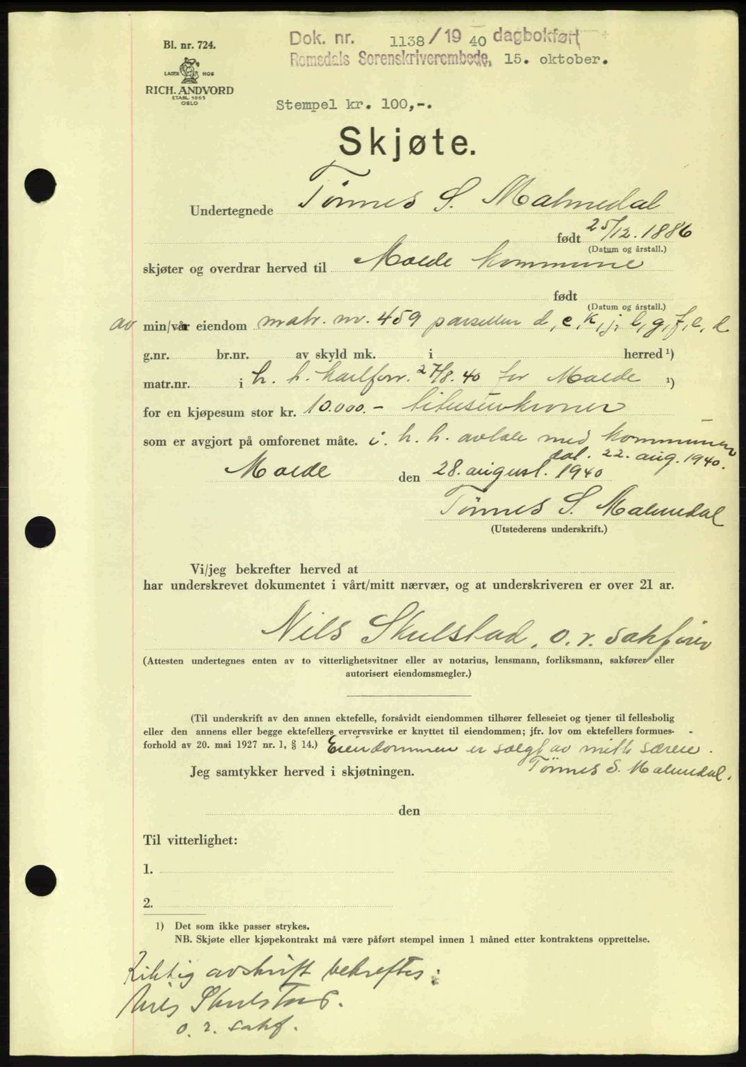 Romsdal sorenskriveri, AV/SAT-A-4149/1/2/2C: Pantebok nr. A8, 1939-1940, Dagboknr: 1138/1940