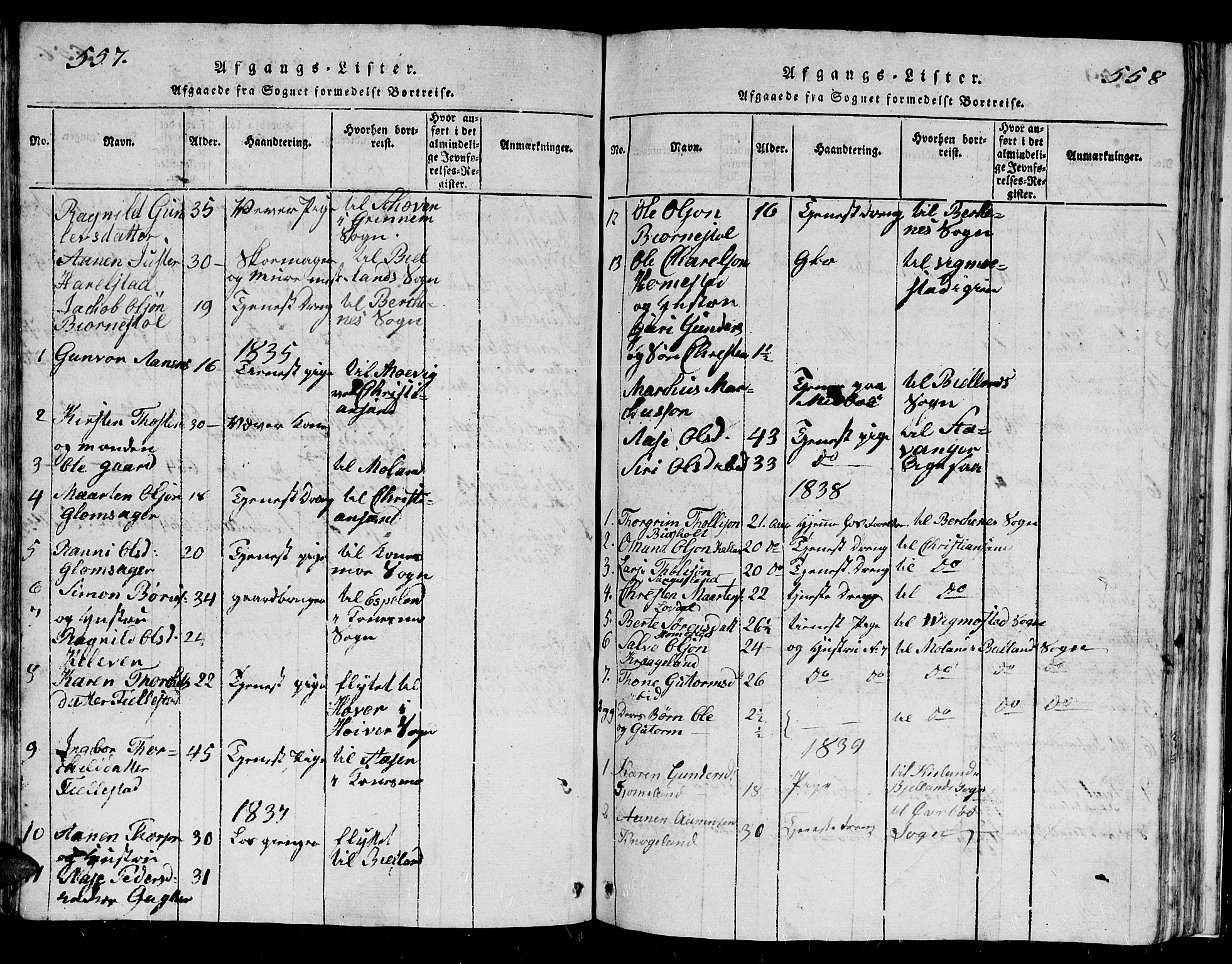 Holum sokneprestkontor, AV/SAK-1111-0022/F/Fb/Fbb/L0001: Klokkerbok nr. B 1, 1820-1847, s. 557-558