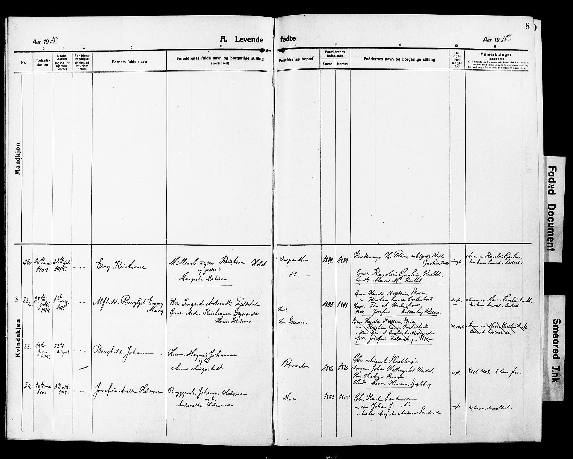 Våler prestekontor Kirkebøker, AV/SAO-A-11083/G/Ga/L0005: Klokkerbok nr. I 5, 1915-1931, s. 8