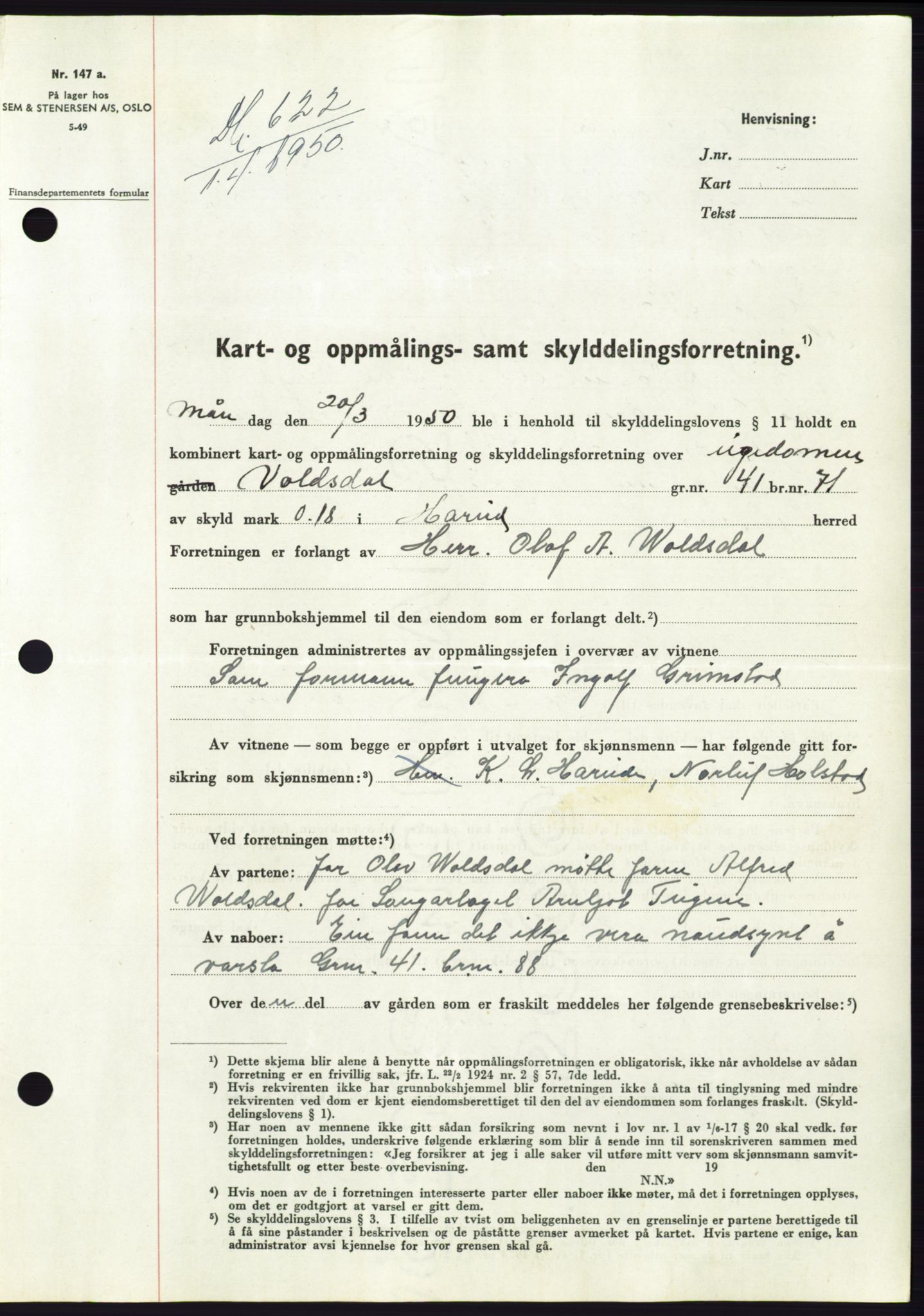 Søre Sunnmøre sorenskriveri, SAT/A-4122/1/2/2C/L0086: Pantebok nr. 12A, 1949-1950, Dagboknr: 622/1950