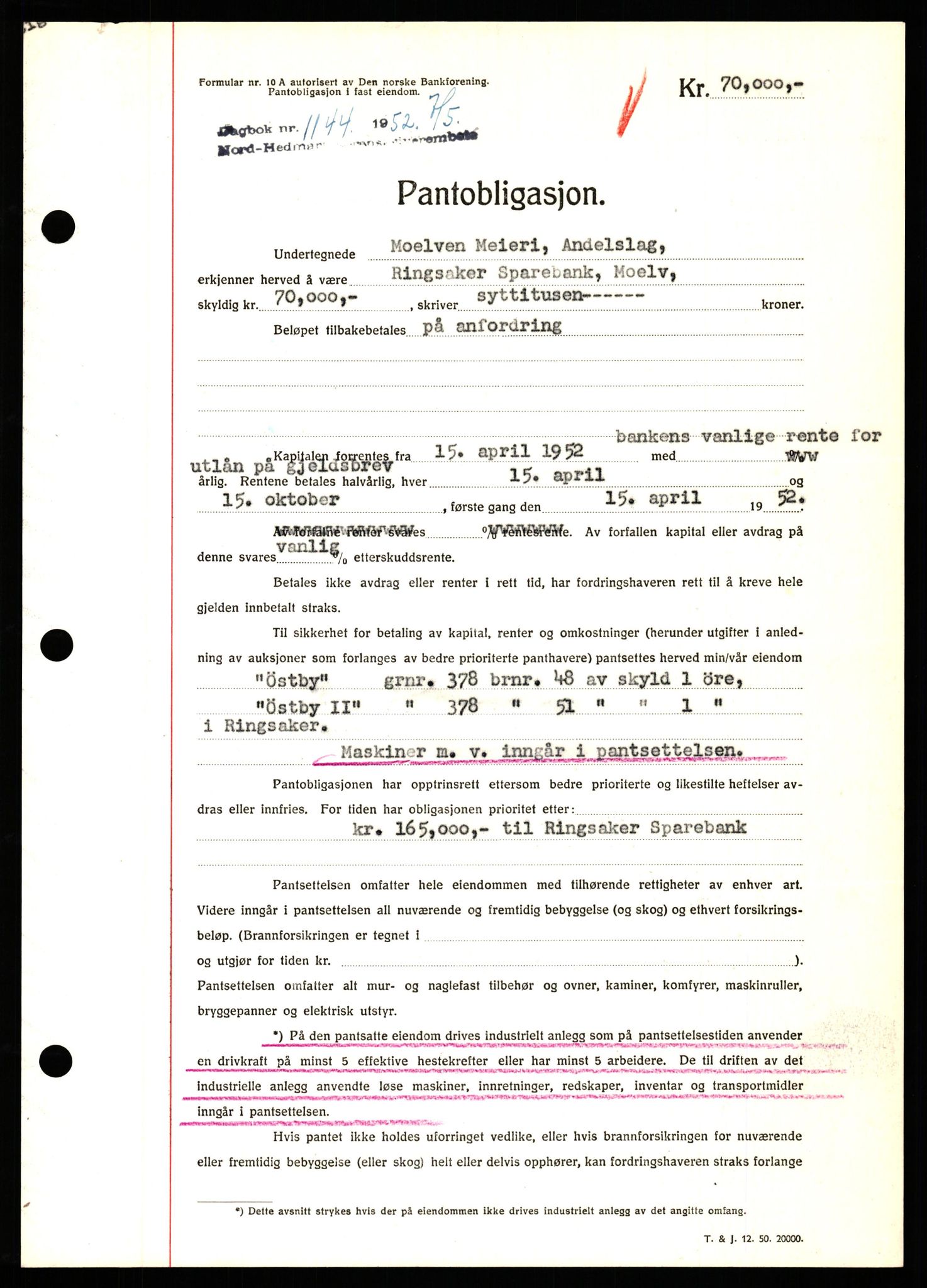 Nord-Hedmark sorenskriveri, SAH/TING-012/H/Hb/Hbf/L0025: Pantebok nr. B25, 1952-1952, Dagboknr: 1144/1952