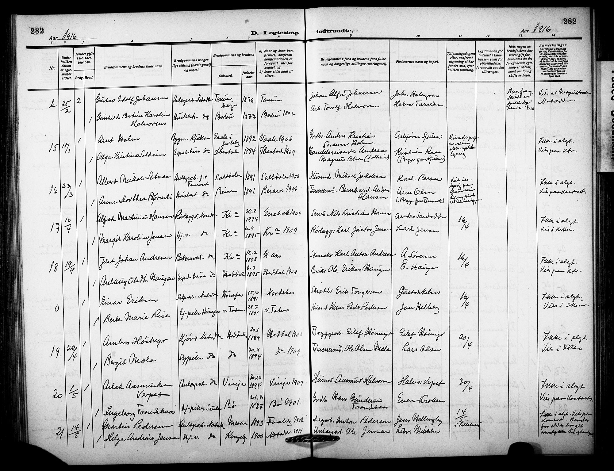 Notodden kirkebøker, AV/SAKO-A-290/G/Ga/L0001: Klokkerbok nr. 1, 1912-1923, s. 282