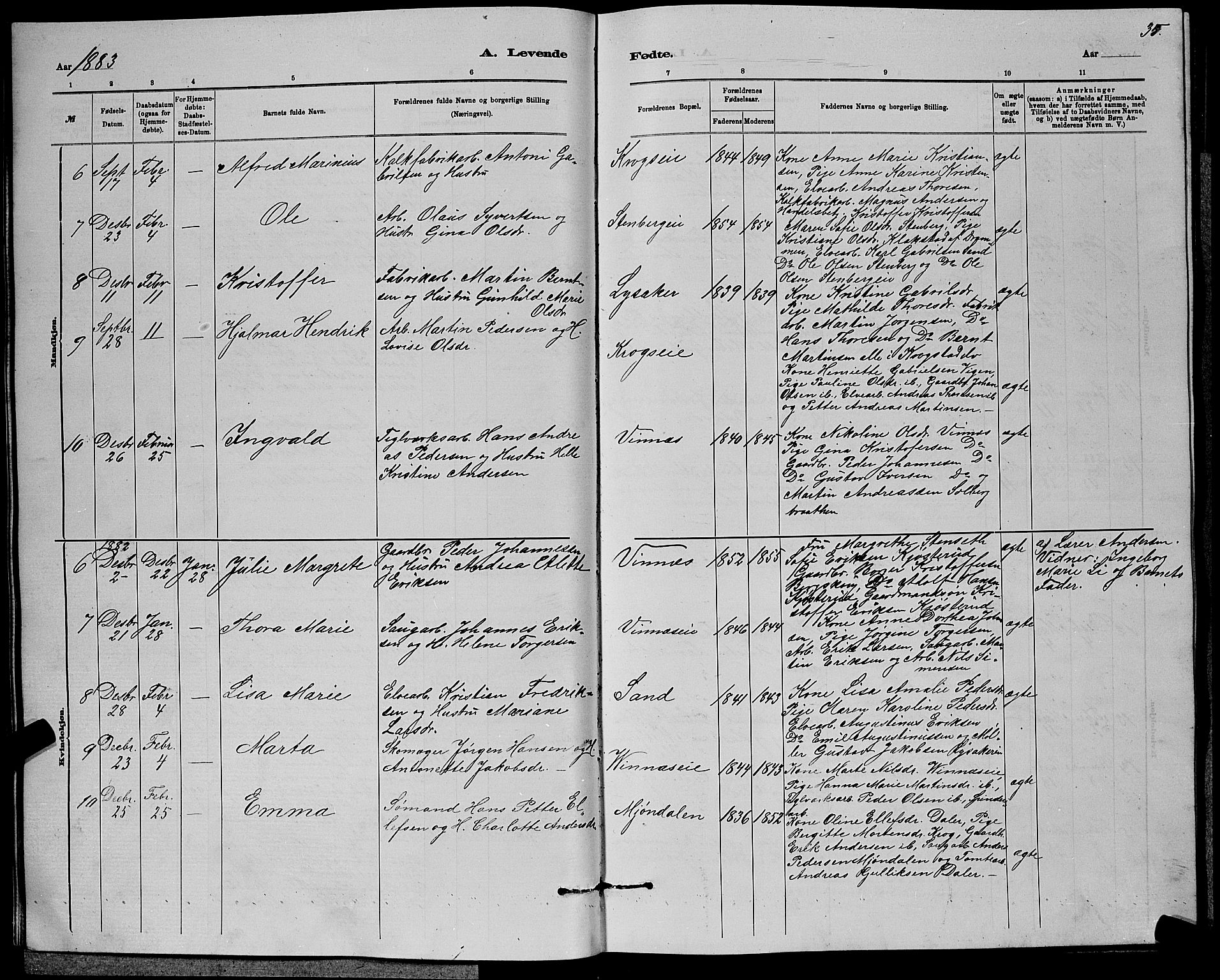 Nedre Eiker kirkebøker, AV/SAKO-A-612/G/Ga/L0002: Klokkerbok nr. 2, 1880-1896, s. 35