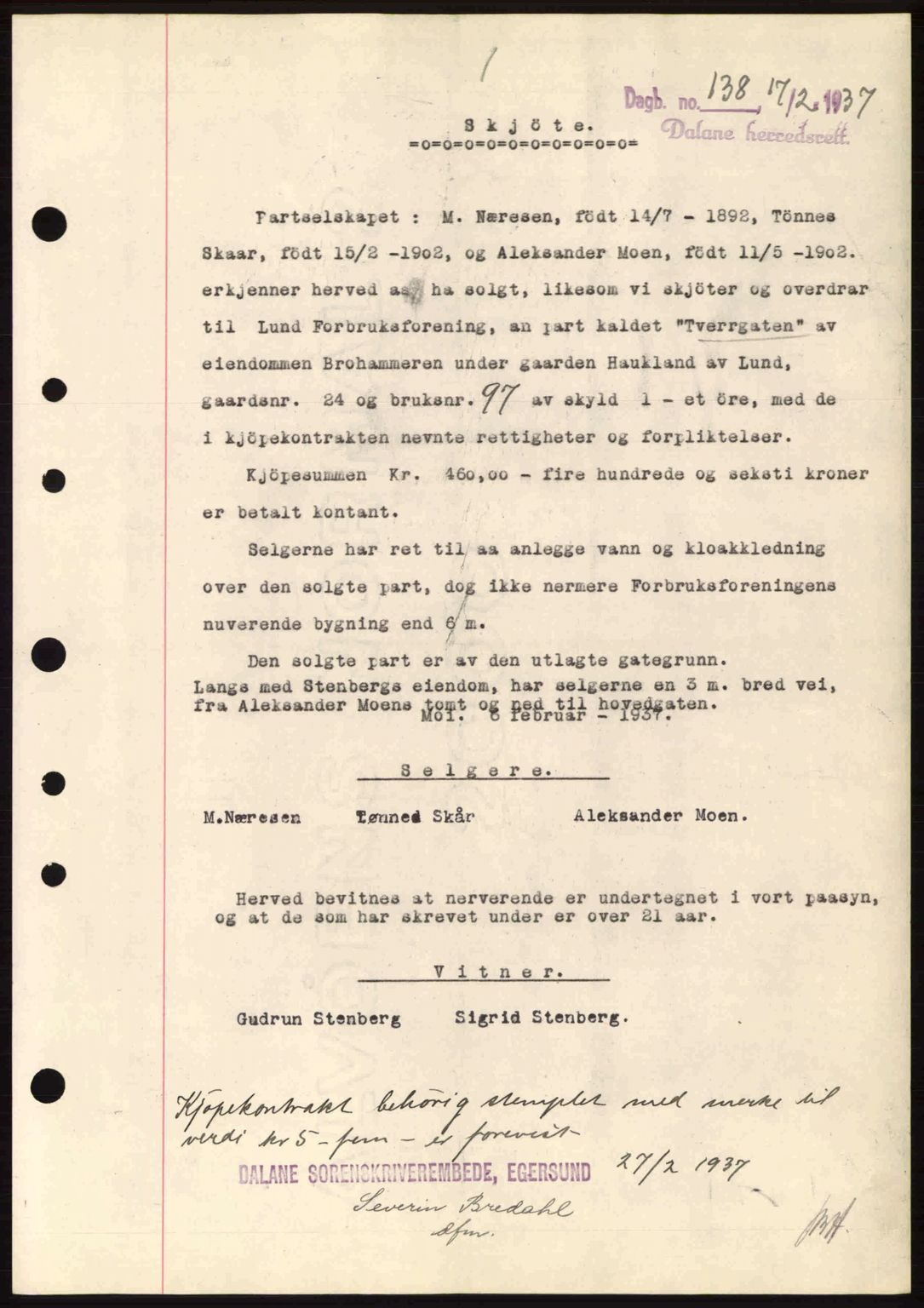 Dalane sorenskriveri, SAST/A-100309/02/G/Gb/L0041: Pantebok nr. A2, 1936-1937, Dagboknr: 138/1937