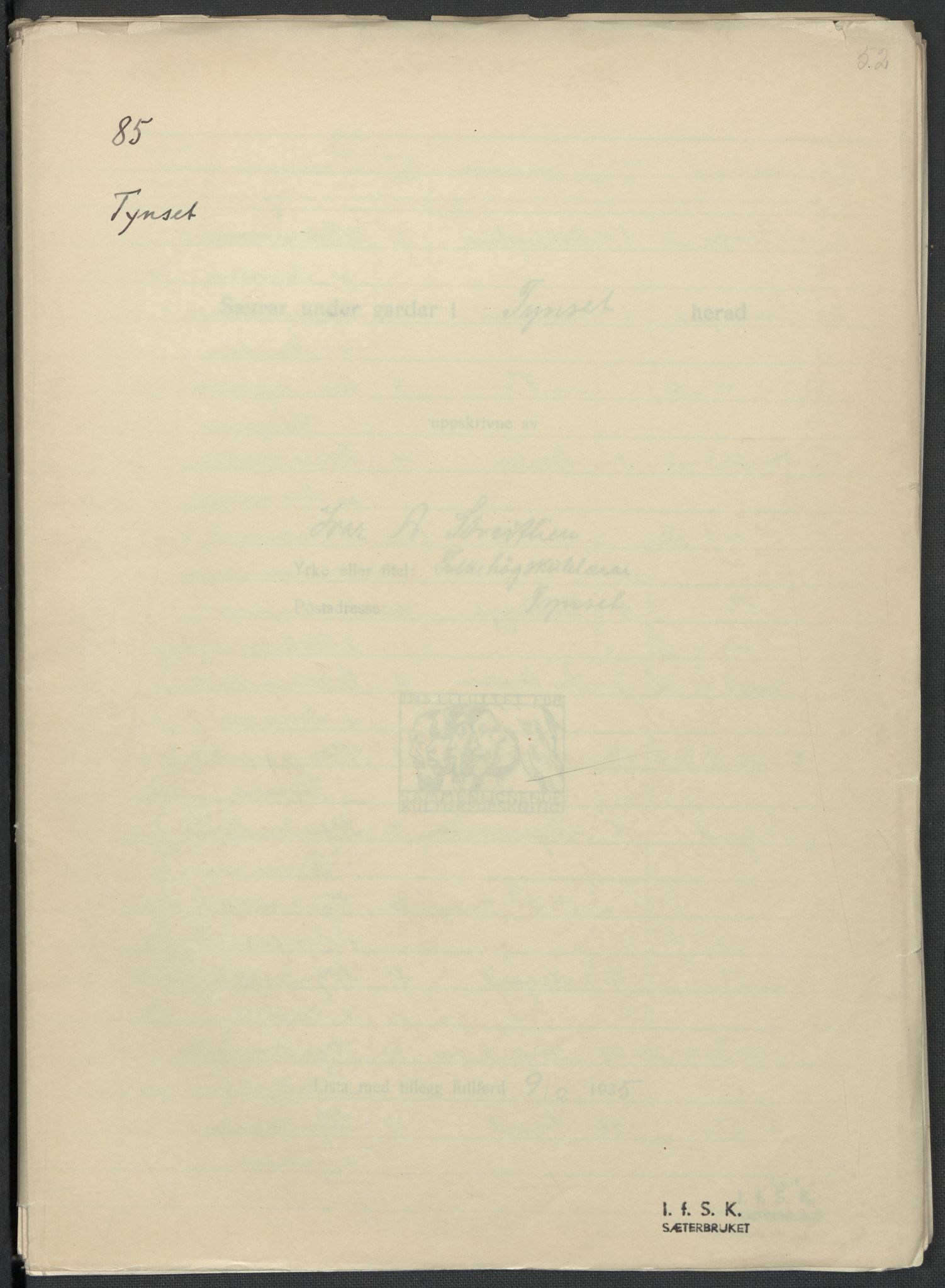 Instituttet for sammenlignende kulturforskning, AV/RA-PA-0424/F/Fc/L0003/0003: Eske B3: / Hedmark (perm VI), 1933-1939, s. 52
