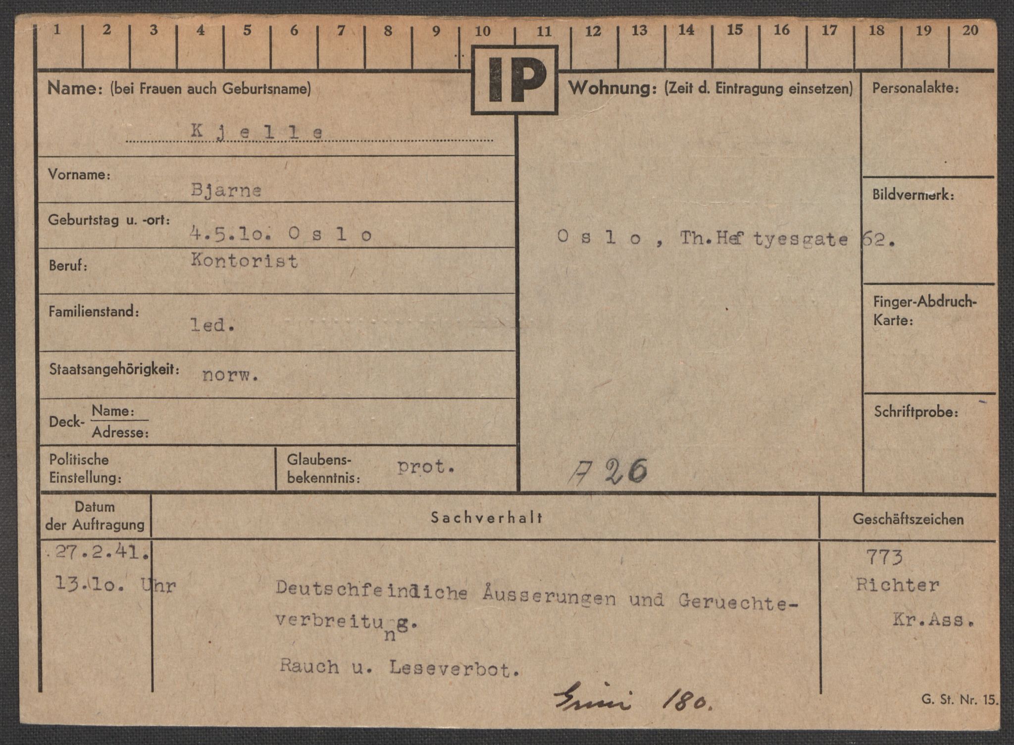 Befehlshaber der Sicherheitspolizei und des SD, AV/RA-RAFA-5969/E/Ea/Eaa/L0006: Register over norske fanger i Møllergata 19: Kj-Lund, 1940-1945, s. 4