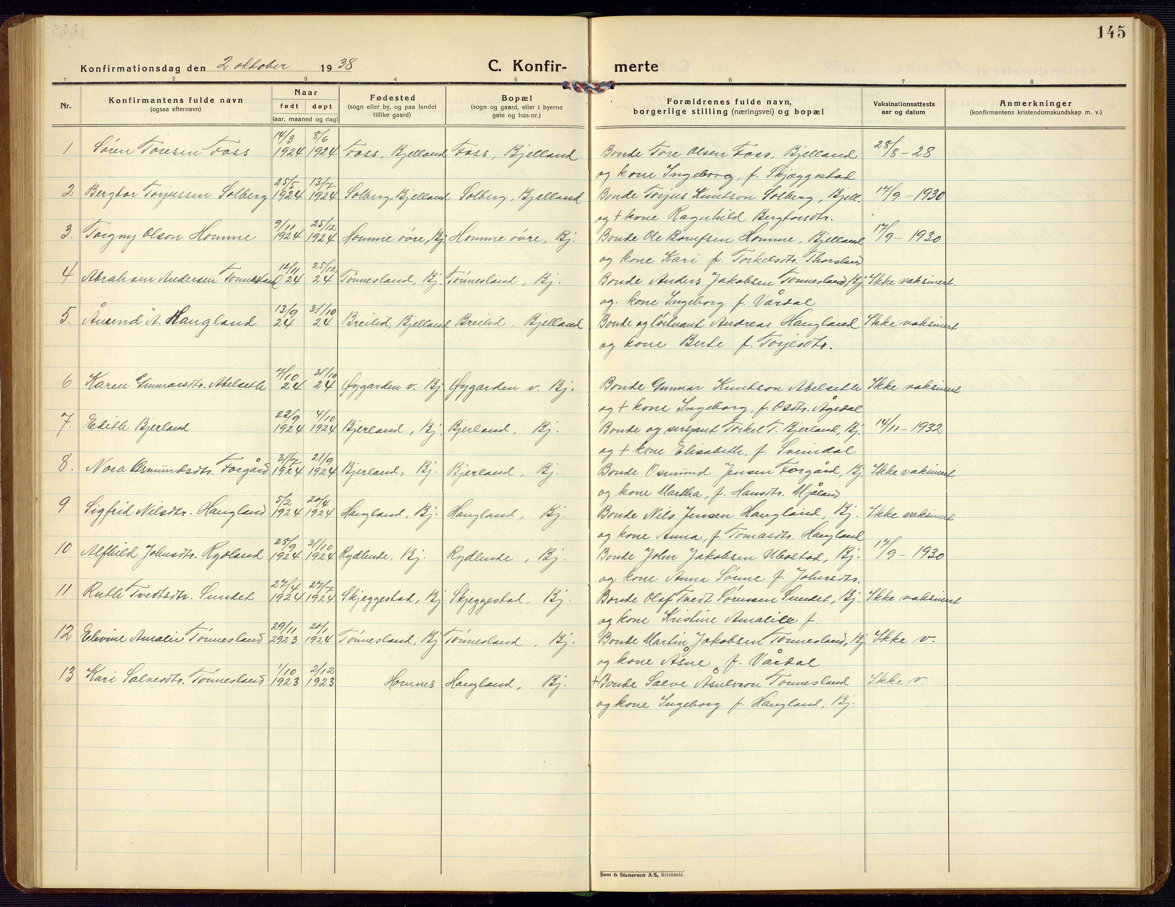 Bjelland sokneprestkontor, AV/SAK-1111-0005/F/Fb/Fba/L0006: Klokkerbok nr. B 6, 1923-1956, s. 145