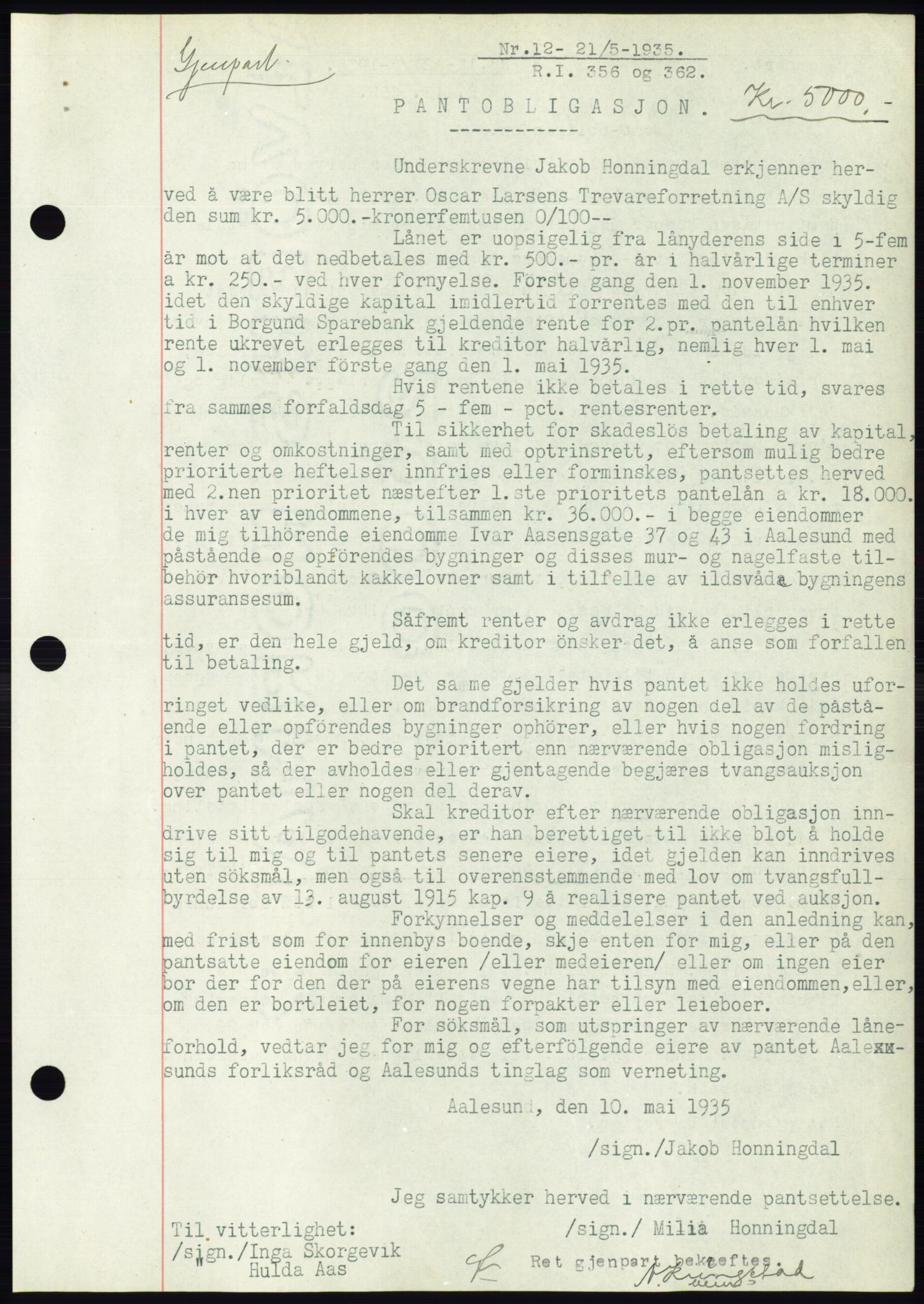 Ålesund byfogd, AV/SAT-A-4384: Pantebok nr. 32, 1934-1935, Tingl.dato: 21.05.1935