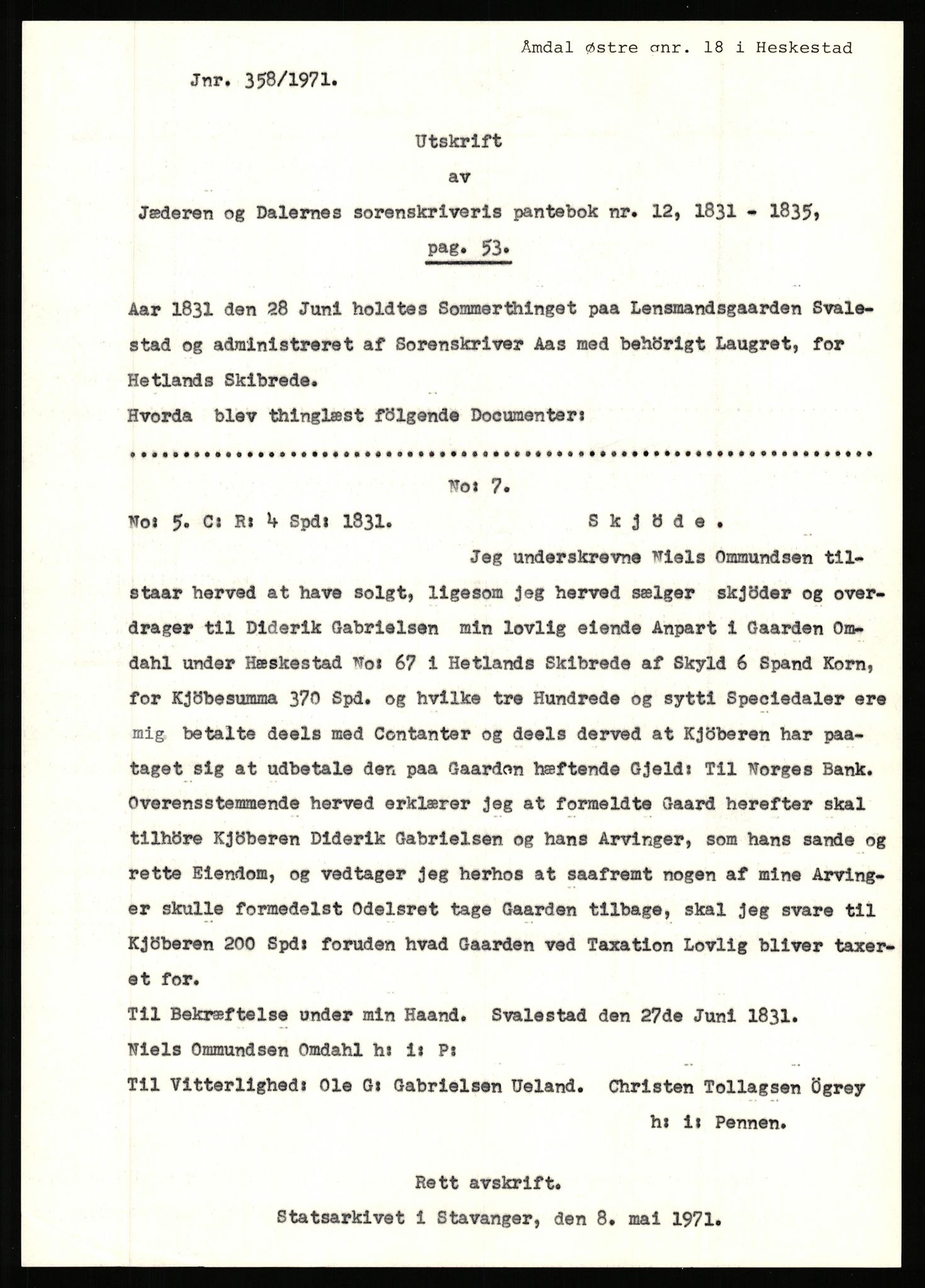 Statsarkivet i Stavanger, SAST/A-101971/03/Y/Yj/L0100: Avskrifter sortert etter gårdsnavn: Ålgård - Årsland, 1750-1930, s. 206