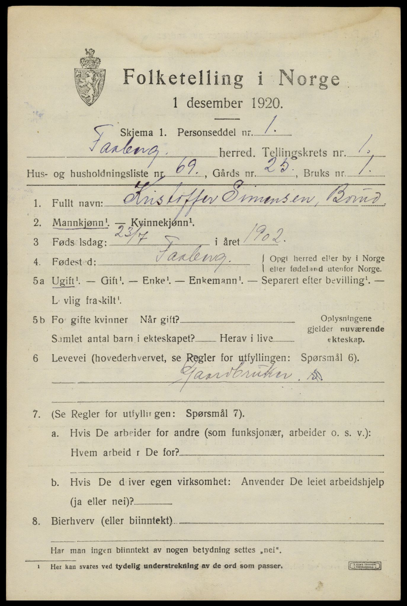 SAH, Folketelling 1920 for 0524 Fåberg herred, 1920, s. 3076