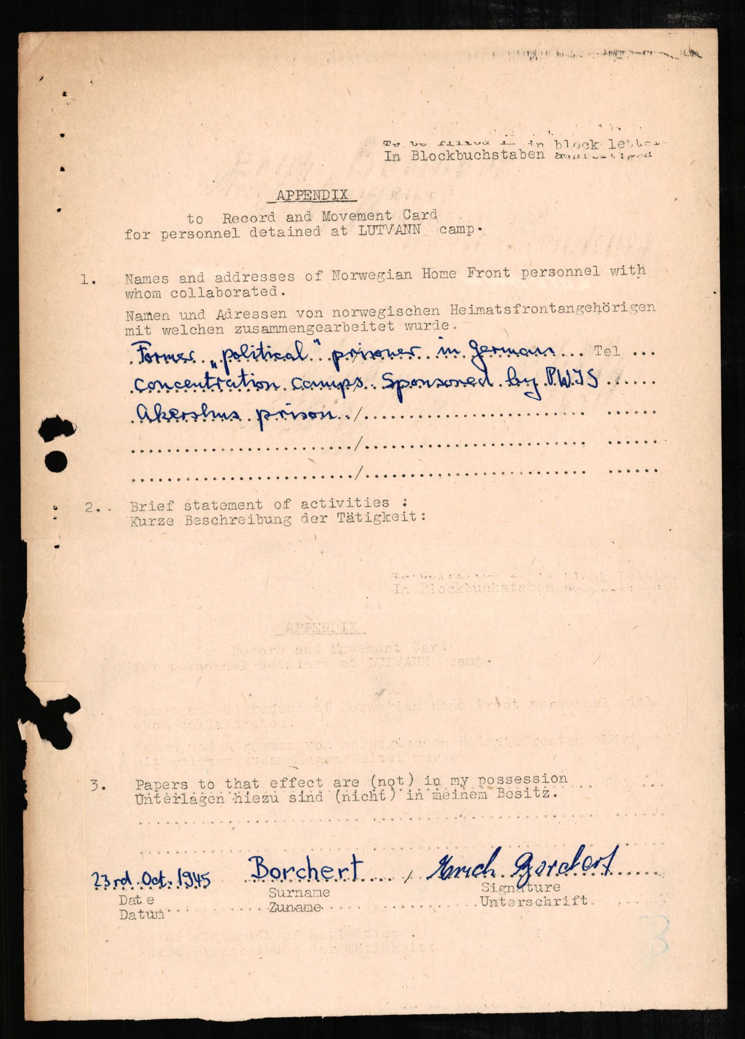 Forsvaret, Forsvarets overkommando II, RA/RAFA-3915/D/Db/L0003: CI Questionaires. Tyske okkupasjonsstyrker i Norge. Tyskere., 1945-1946, s. 605