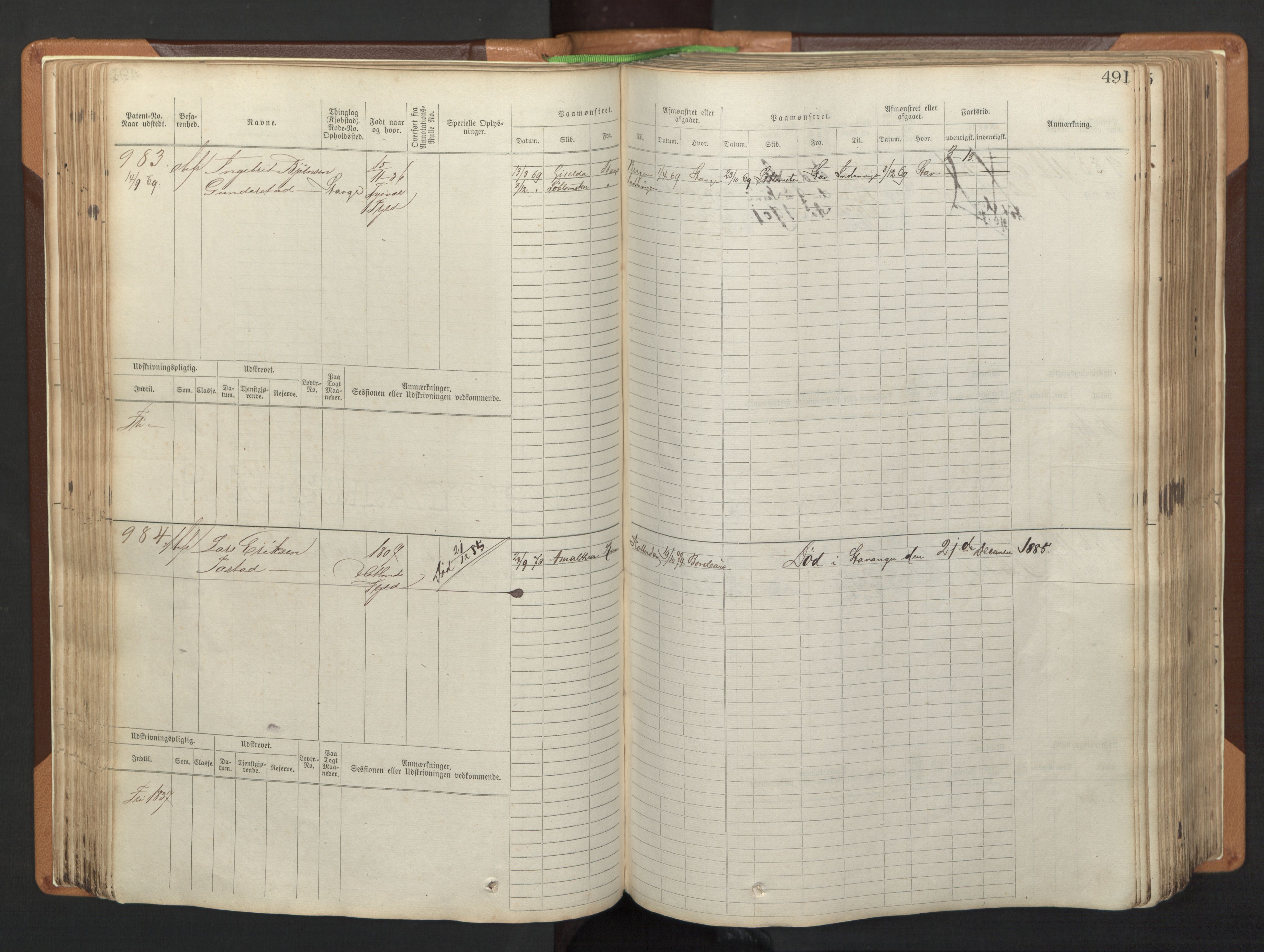 Stavanger sjømannskontor, AV/SAST-A-102006/F/Fb/Fbb/L0005: Sjøfartshovedrulle, patentnr. 793-1606 (del 2), 1869-1880, s. 101