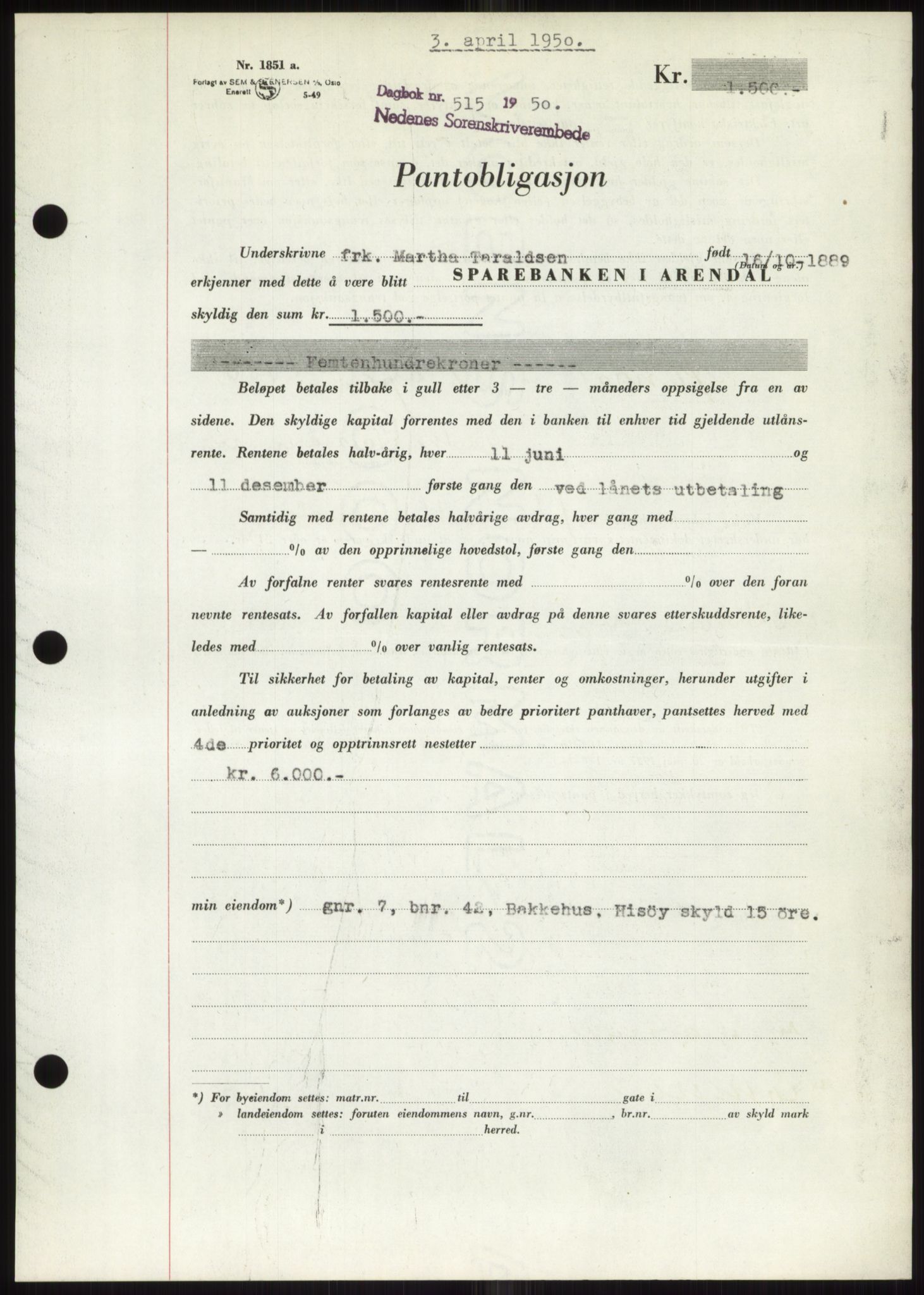 Nedenes sorenskriveri, SAK/1221-0006/G/Gb/Gbb/L0007: Pantebok nr. B7, 1949-1950, Dagboknr: 515/1950