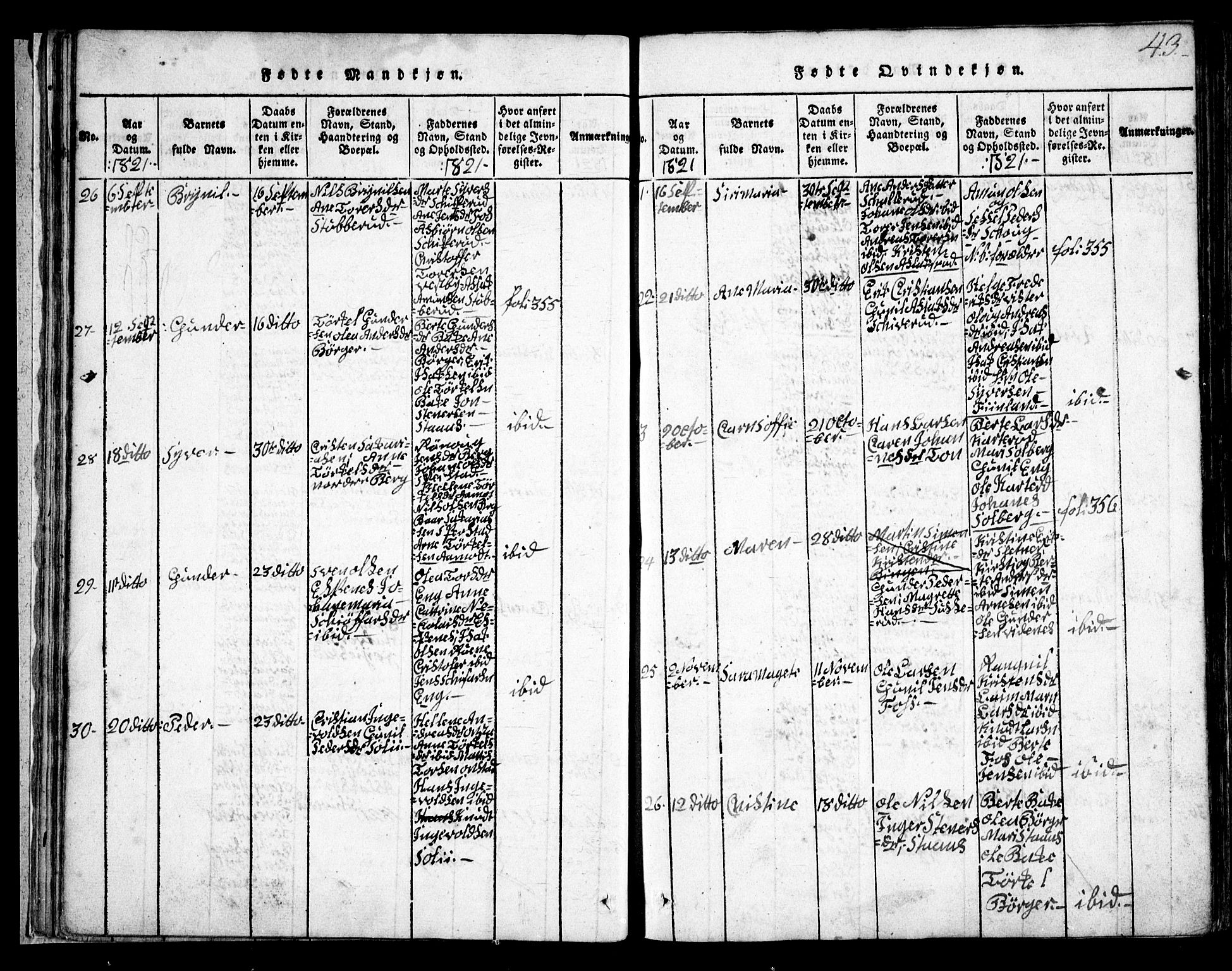 Skiptvet prestekontor Kirkebøker, AV/SAO-A-20009/G/Ga/L0001: Klokkerbok nr. 1, 1815-1838, s. 43