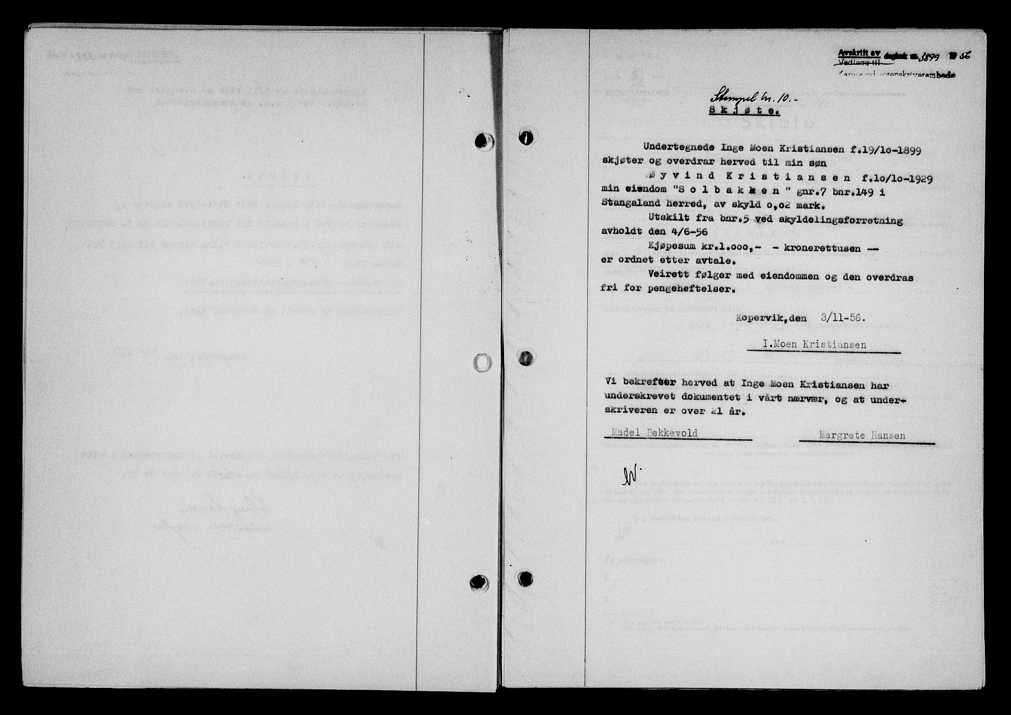 Karmsund sorenskriveri, SAST/A-100311/01/II/IIB/L0122: Pantebok nr. 102A, 1956-1956, Dagboknr: 3899/1956