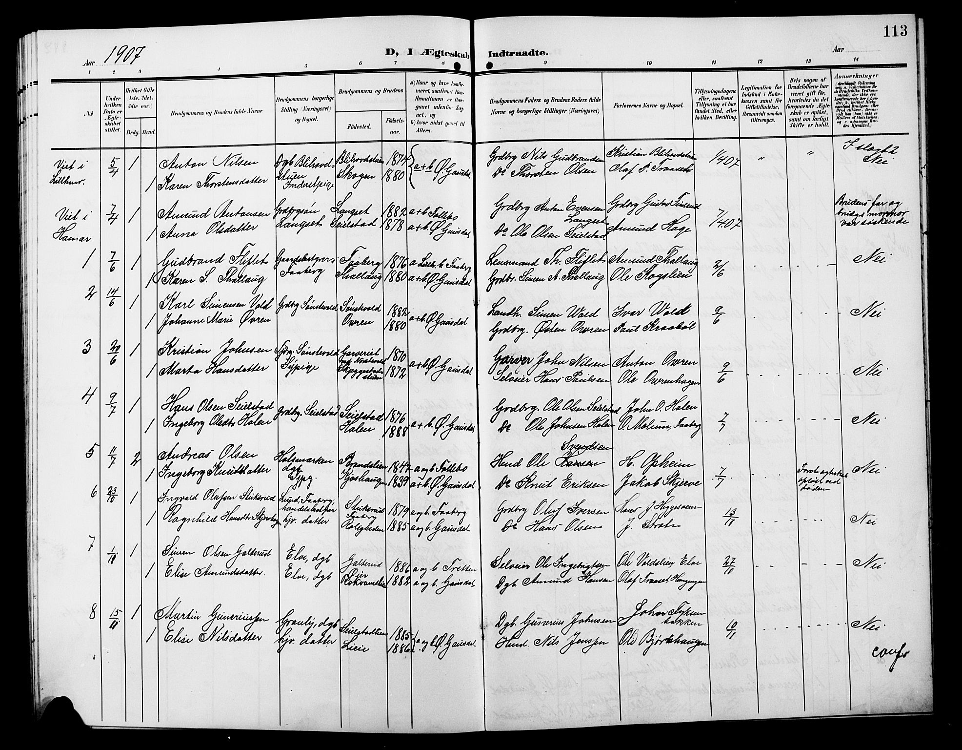 Østre Gausdal prestekontor, AV/SAH-PREST-092/H/Ha/Hab/L0004: Klokkerbok nr. 4, 1905-1923, s. 113
