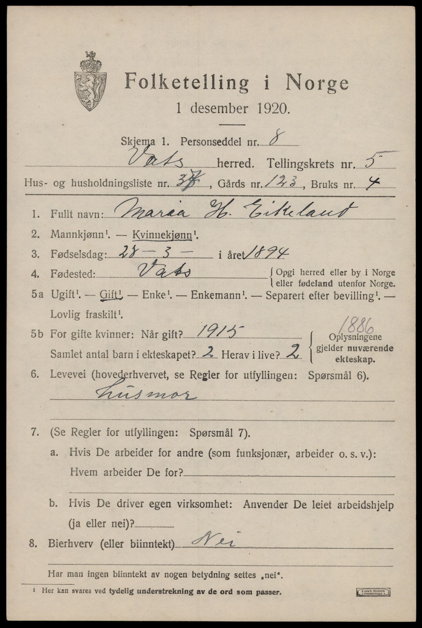 SAST, Folketelling 1920 for 1155 Vats herred, 1920, s. 2333