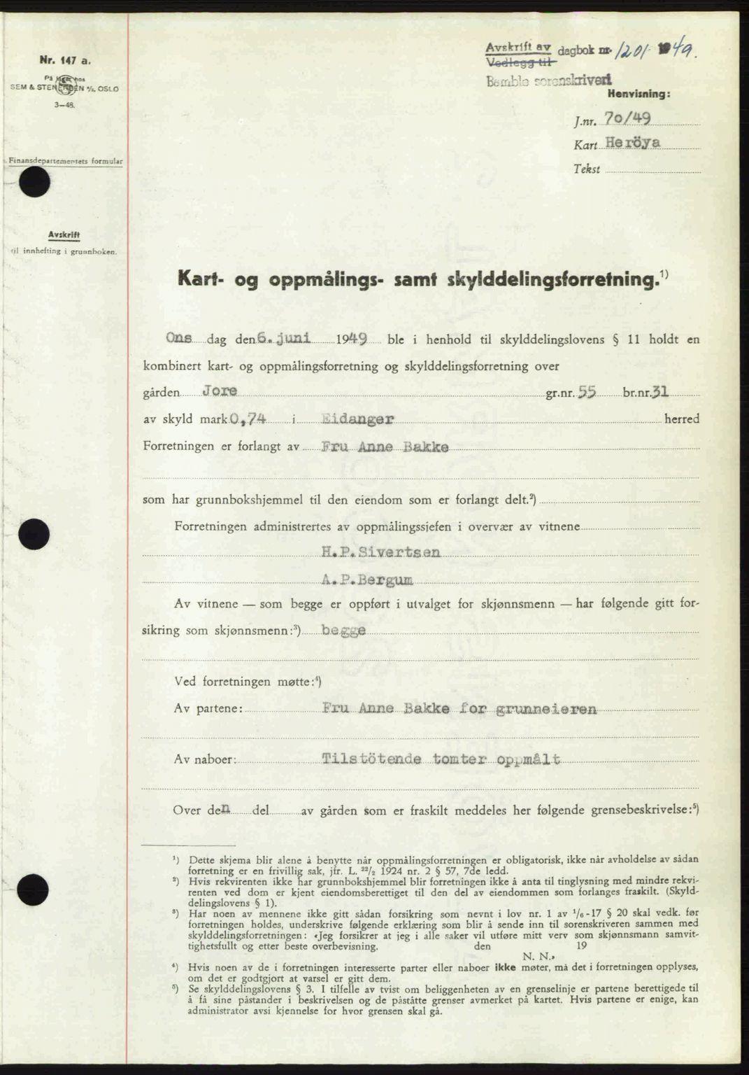 Bamble sorenskriveri, SAKO/A-214/G/Ga/Gag/L0015: Pantebok nr. A-15, 1949-1949, Dagboknr: 1201/1949