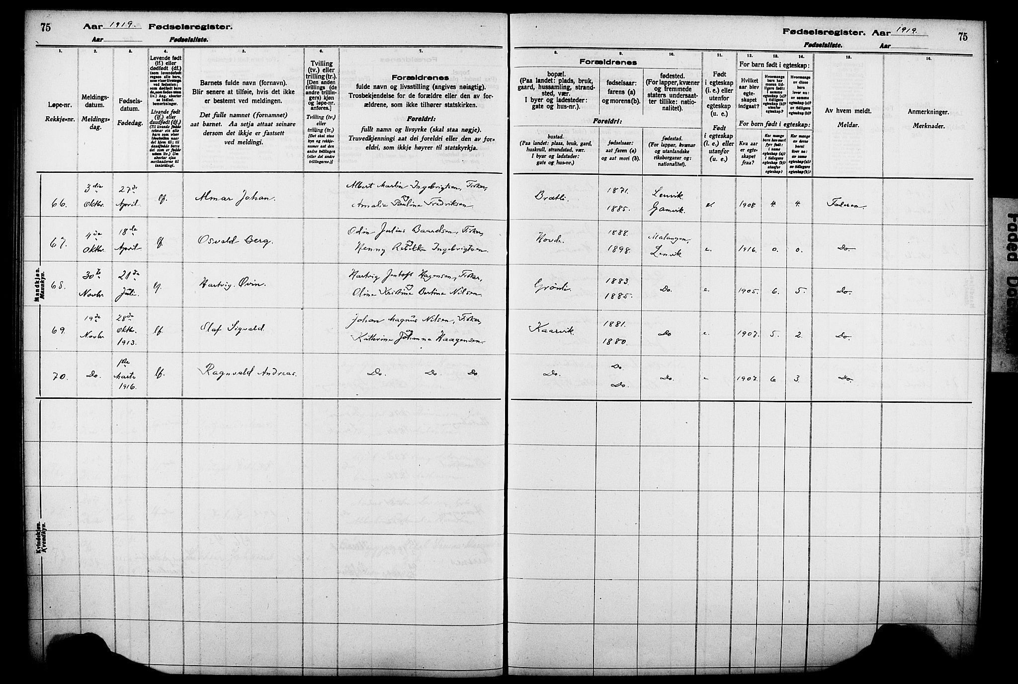 Lenvik sokneprestembete, AV/SATØ-S-1310/I/Ic/L0089: Fødselsregister nr. 89, 1916-1926, s. 75