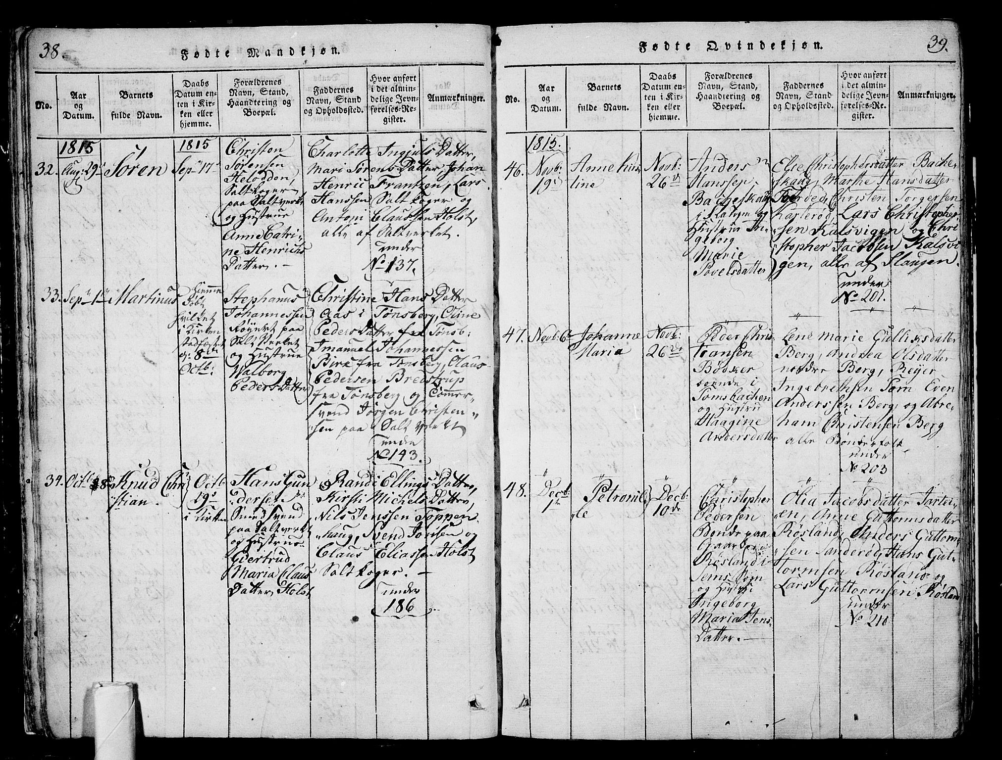 Sem kirkebøker, AV/SAKO-A-5/G/Ga/L0001: Klokkerbok nr. I 1, 1814-1825, s. 38-39