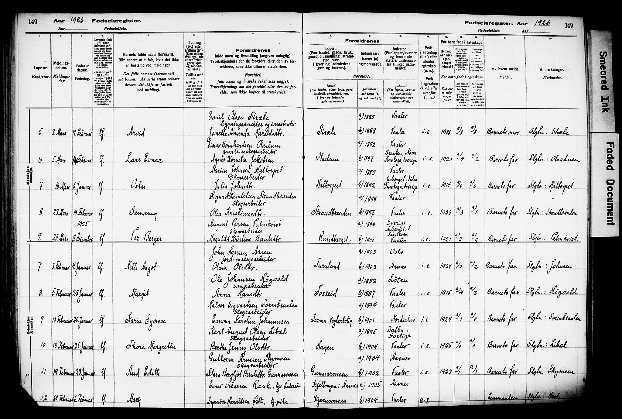 Våler prestekontor, Hedmark, AV/SAH-PREST-040/I/Id/L0001: Fødselsregister nr. 1, 1916-1930, s. 149