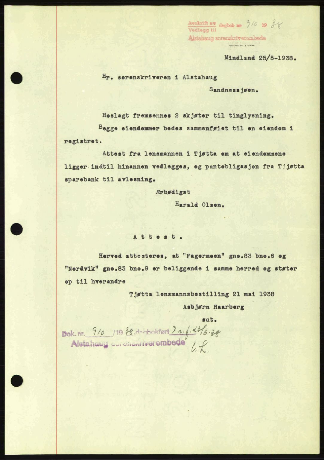 Alstahaug sorenskriveri, SAT/A-1009: Pantebok nr. A3, 1937-1938, Dagboknr: 910/1938