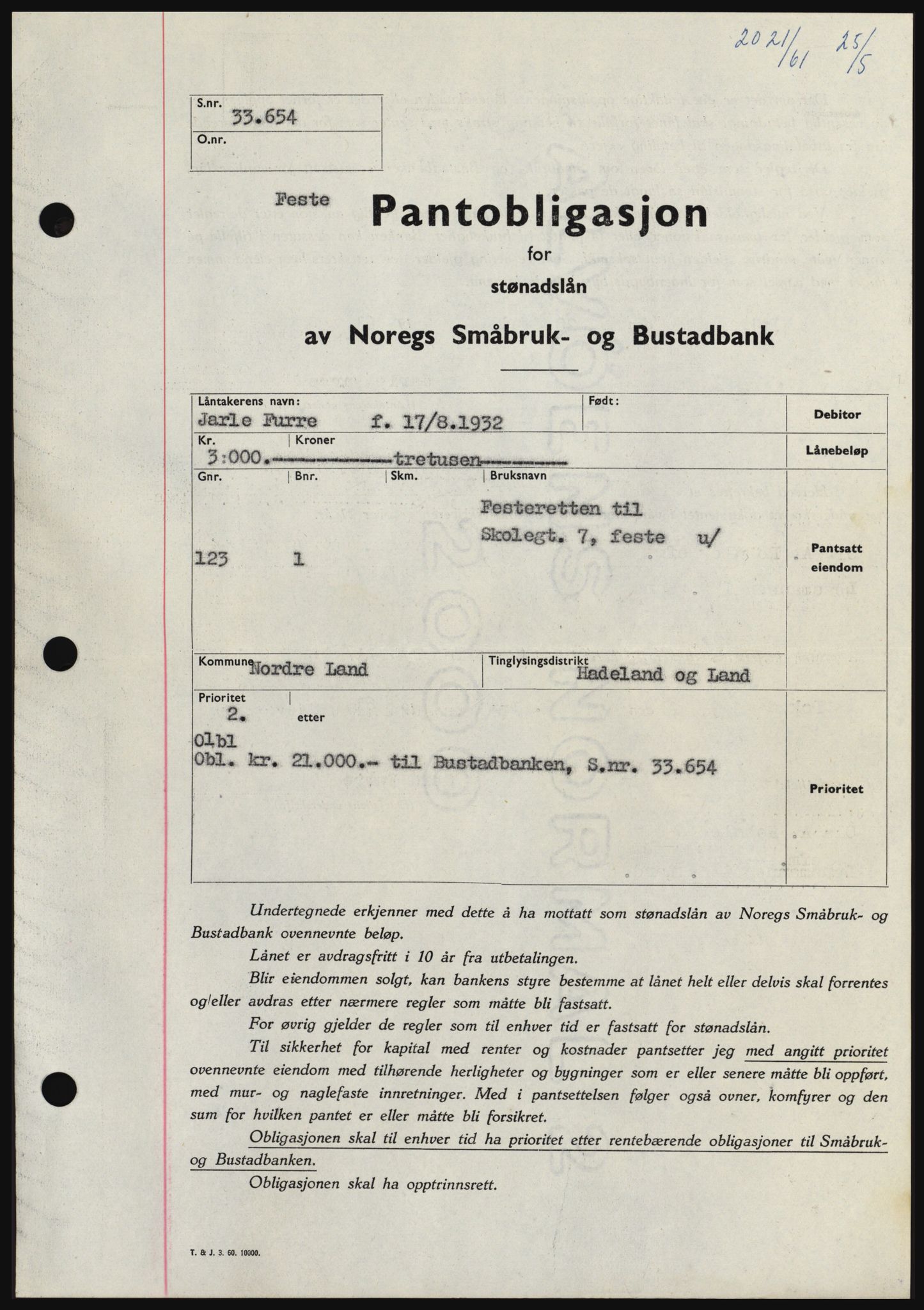 Hadeland og Land tingrett, SAH/TING-010/H/Hb/Hbc/L0046: Pantebok nr. B46, 1961-1961, Dagboknr: 2021/1961
