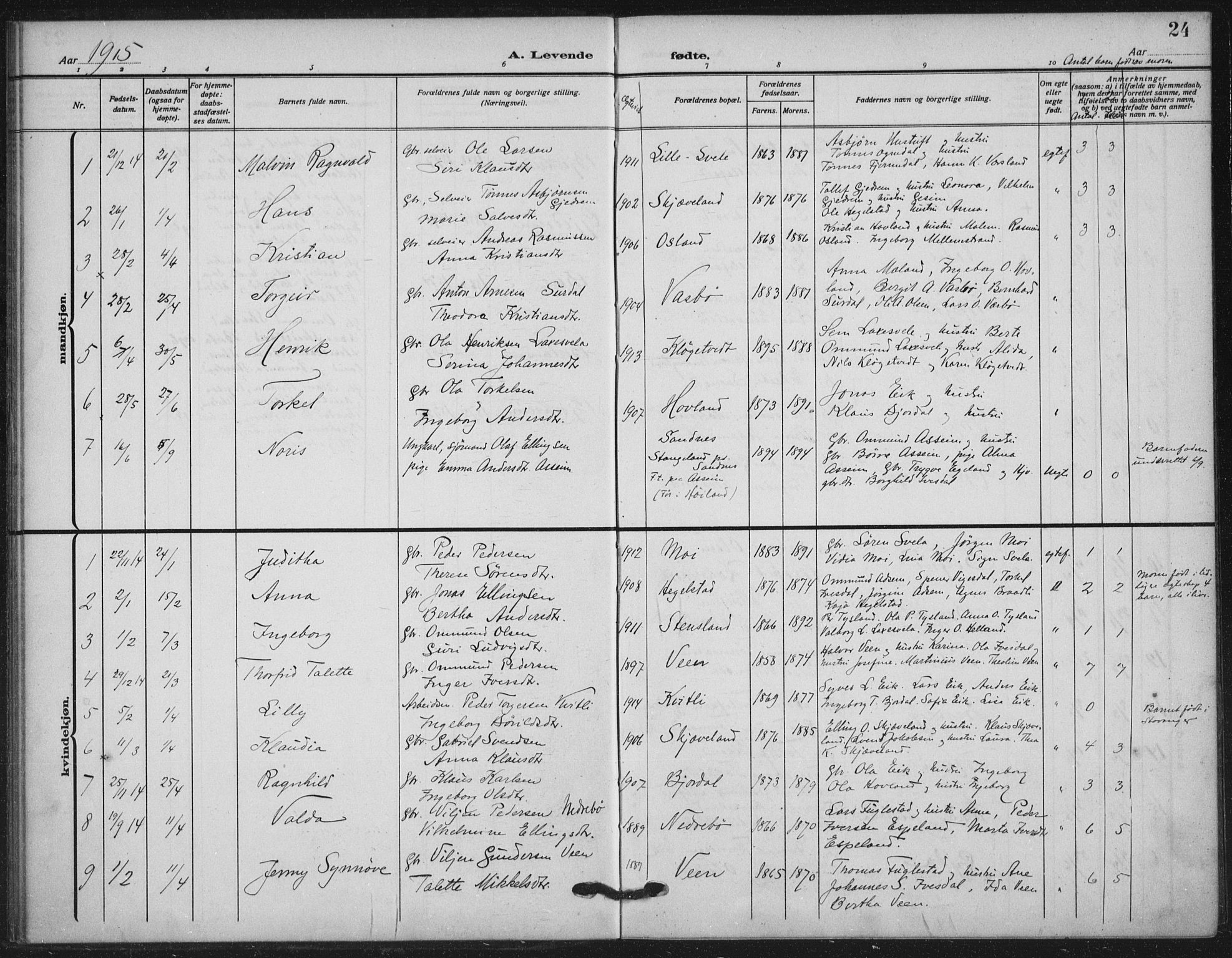 Helleland sokneprestkontor, AV/SAST-A-101810: Ministerialbok nr. A 11, 1909-1922, s. 24