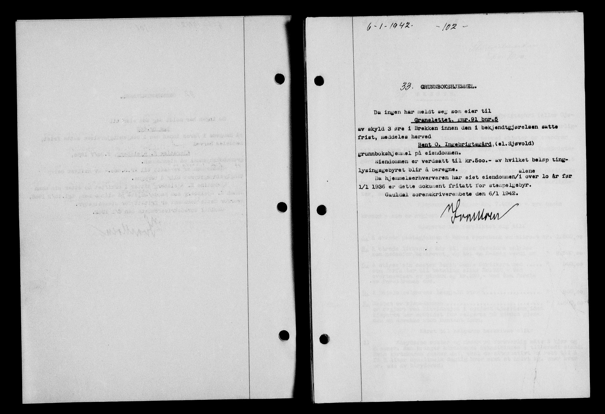 Gauldal sorenskriveri, SAT/A-0014/1/2/2C/L0054: Pantebok nr. 59, 1941-1942, Dagboknr: 33/1942