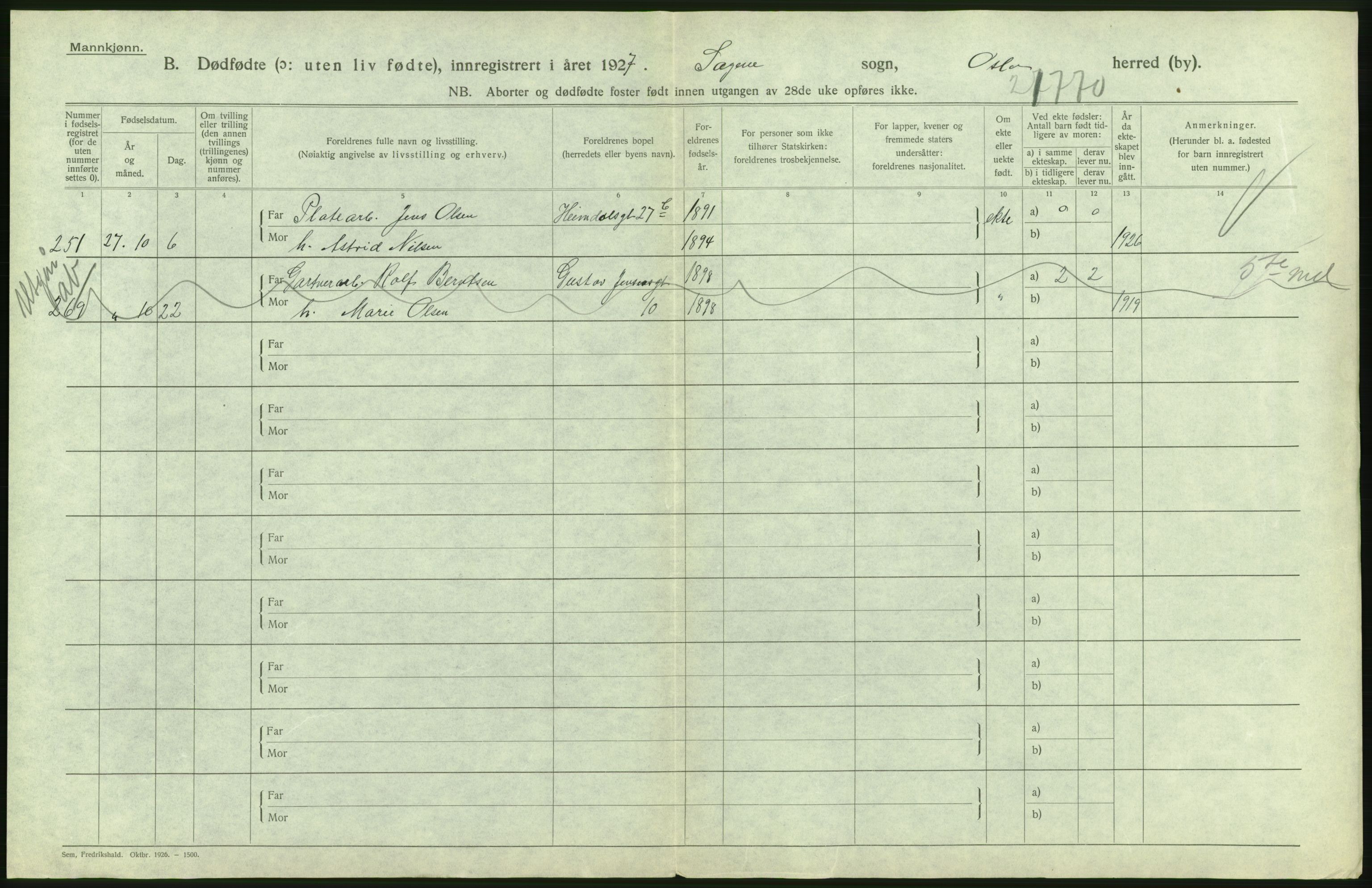 Statistisk sentralbyrå, Sosiodemografiske emner, Befolkning, AV/RA-S-2228/D/Df/Dfc/Dfcg/L0010: Oslo: Døde kvinner, dødfødte, 1927, s. 86