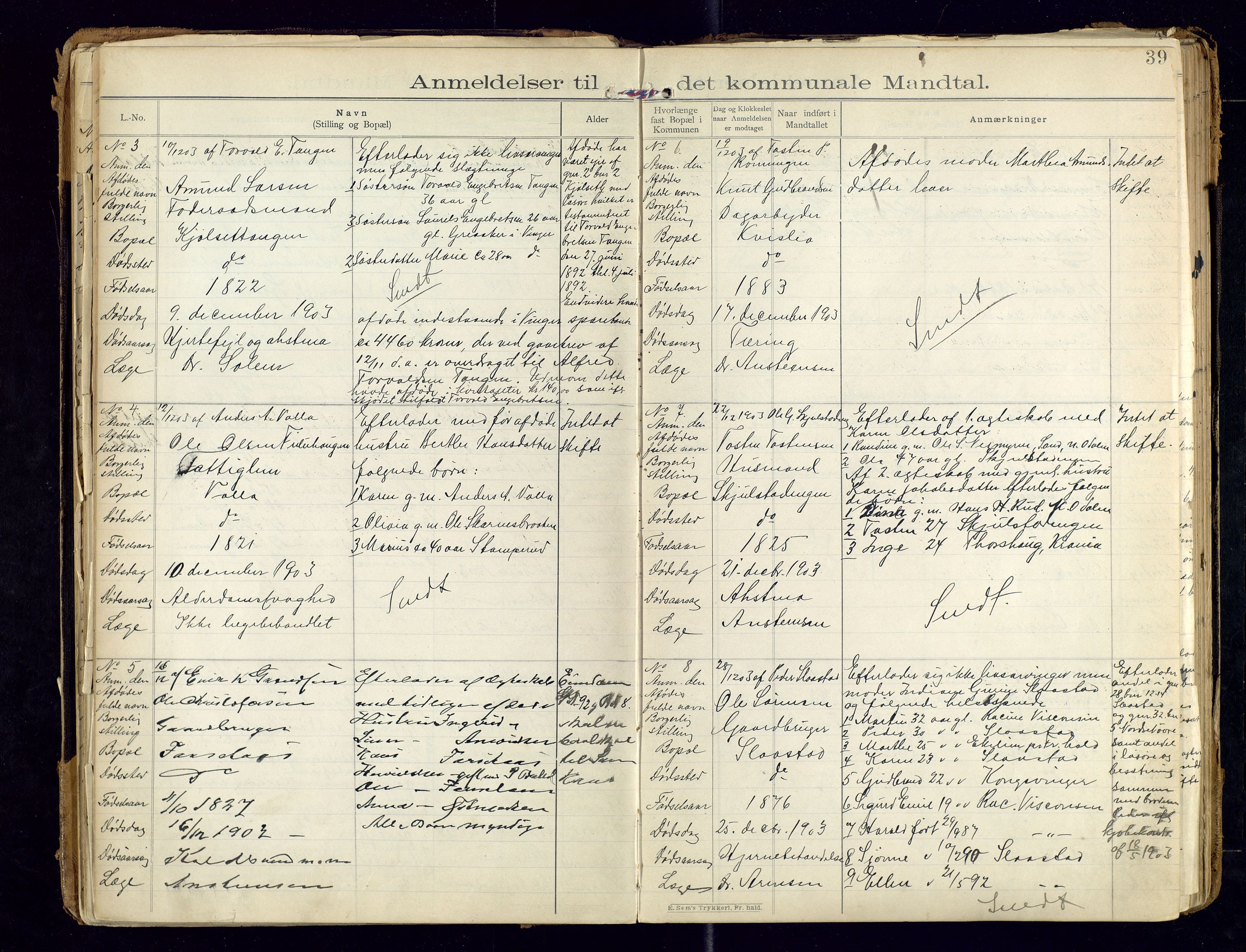 Sør-Odal lensmannskontor, AV/SAH-LHS-022/H/Hb/L0001/0002: Protokoller over anmeldte dødsfall / Protokoll over anmeldte dødsfall, 1901-1913, s. 39