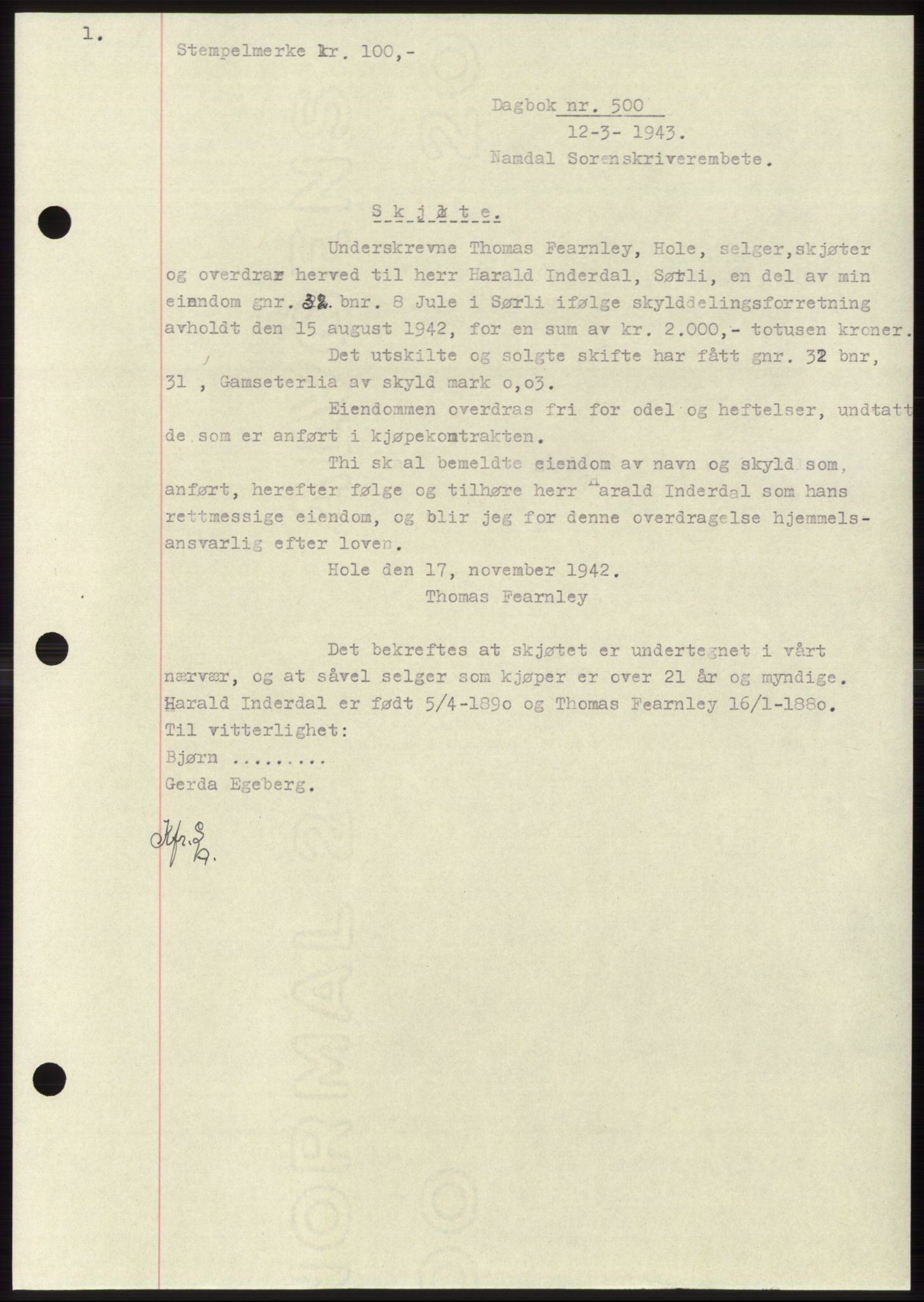 Namdal sorenskriveri, SAT/A-4133/1/2/2C: Pantebok nr. -, 1942-1943, Dagboknr: 500/1943