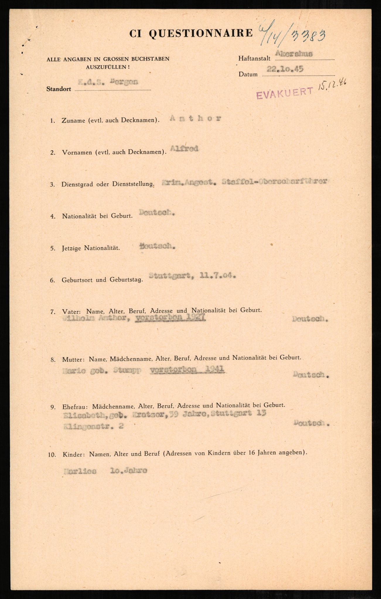 Forsvaret, Forsvarets overkommando II, AV/RA-RAFA-3915/D/Db/L0001: CI Questionaires. Tyske okkupasjonsstyrker i Norge. Tyskere., 1945-1946, s. 192