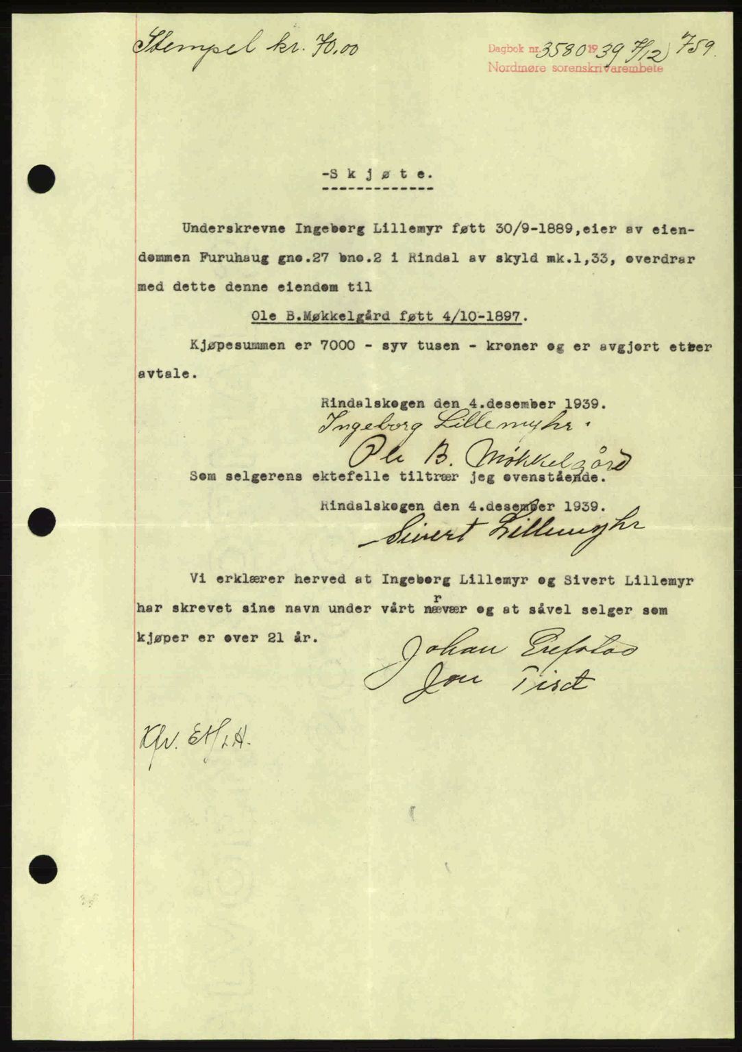 Nordmøre sorenskriveri, SAT/A-4132/1/2/2Ca: Pantebok nr. A87, 1939-1940, Dagboknr: 3580/1939