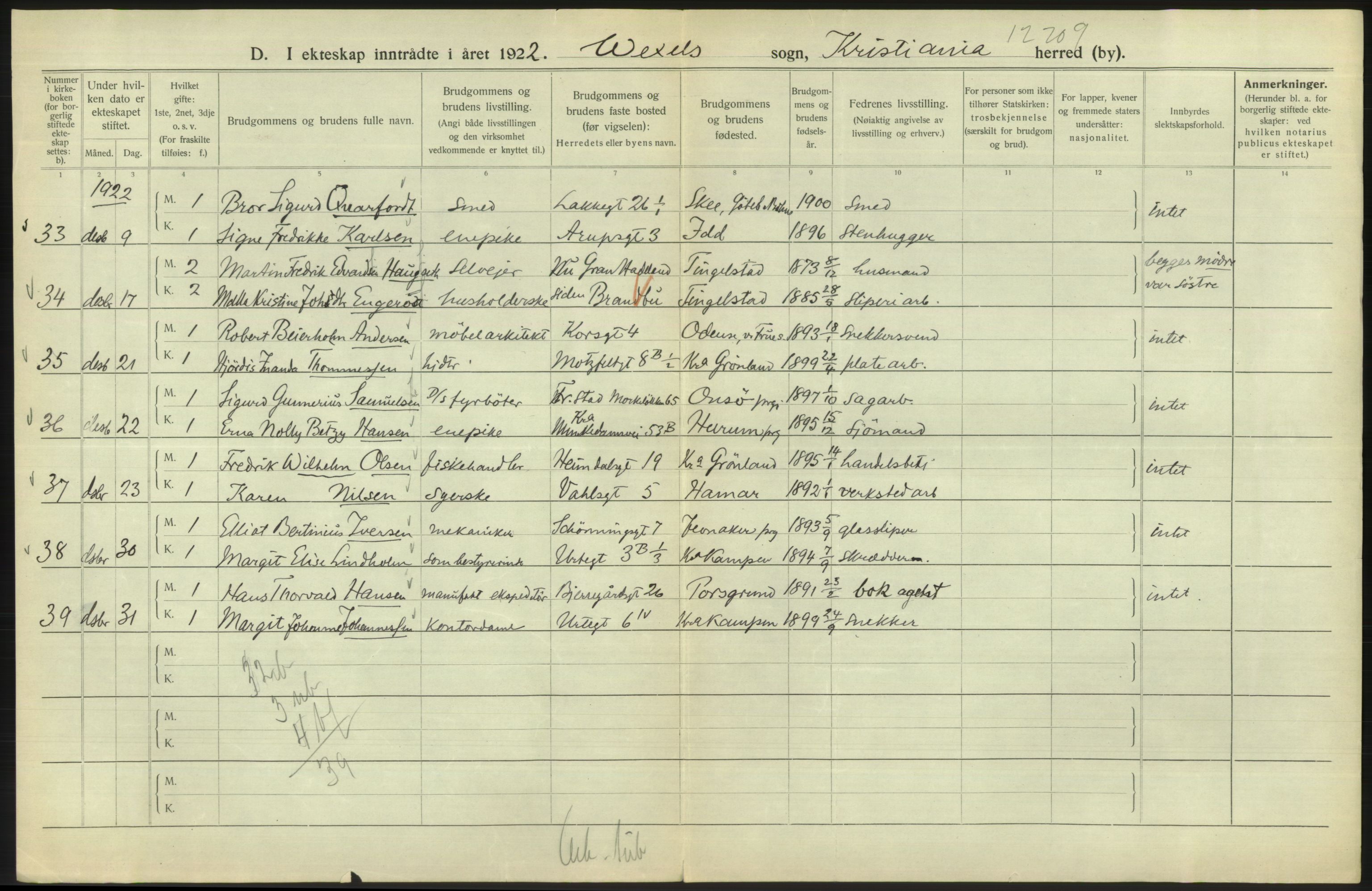 Statistisk sentralbyrå, Sosiodemografiske emner, Befolkning, AV/RA-S-2228/D/Df/Dfc/Dfcb/L0008: Kristiania: Gifte, 1922, s. 436