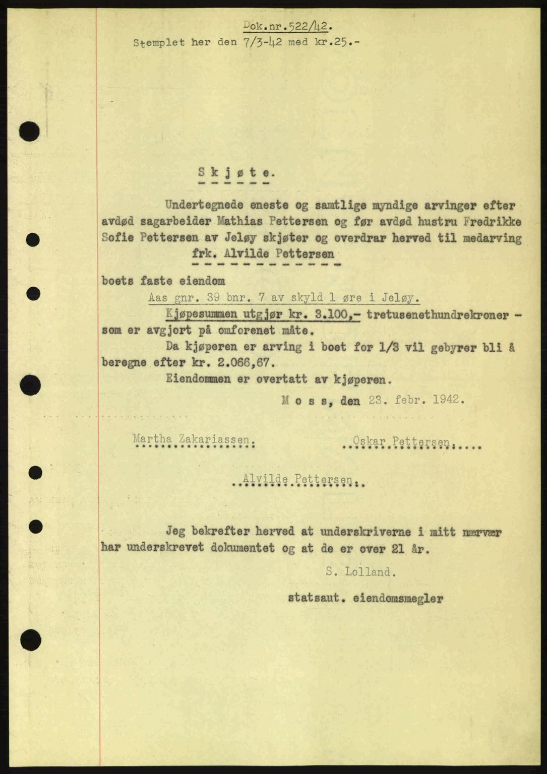 Moss sorenskriveri, SAO/A-10168: Pantebok nr. A9, 1941-1942, Dagboknr: 522/1942