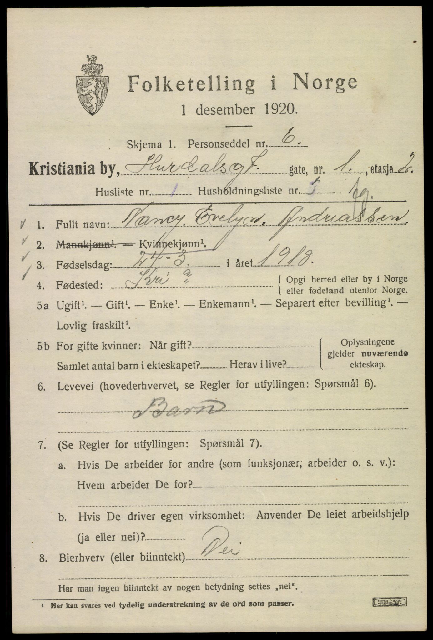 SAO, Folketelling 1920 for 0301 Kristiania kjøpstad, 1920, s. 301809