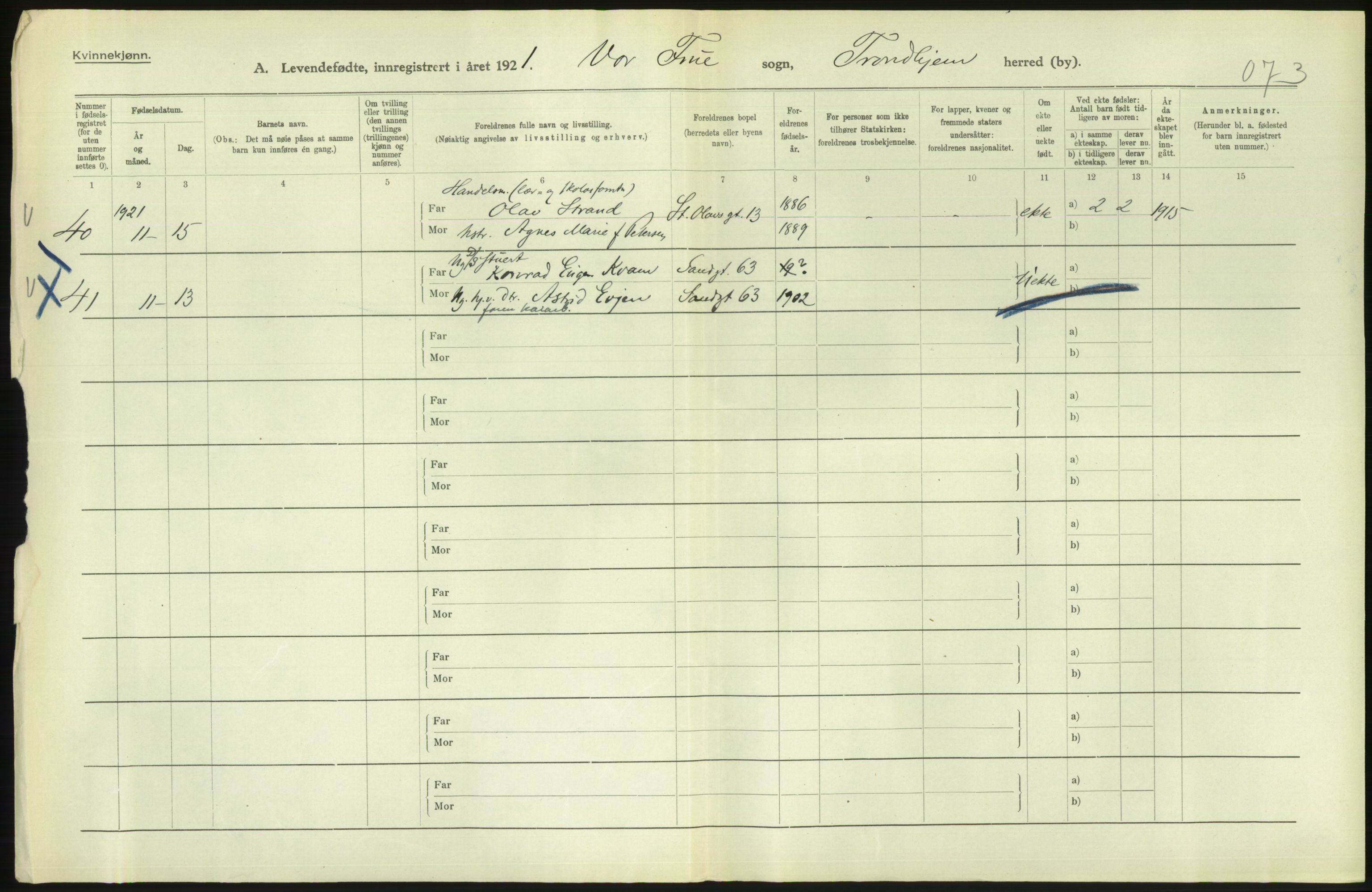 Statistisk sentralbyrå, Sosiodemografiske emner, Befolkning, AV/RA-S-2228/D/Df/Dfc/Dfca/L0045: Trondheim: Levendefødte menn og kvinner, gifte., 1921, s. 420