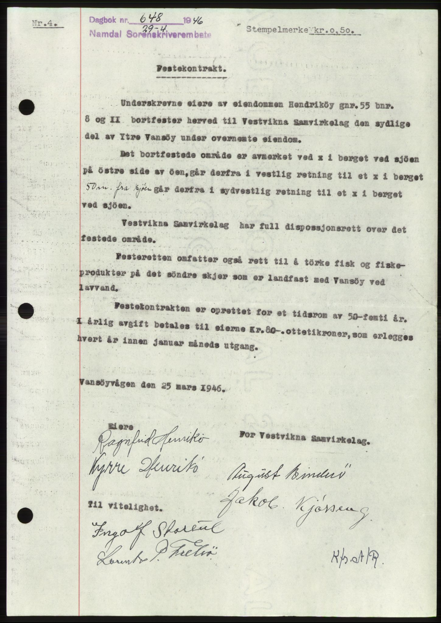 Namdal sorenskriveri, SAT/A-4133/1/2/2C: Pantebok nr. -, 1946-1946, Dagboknr: 648/1946
