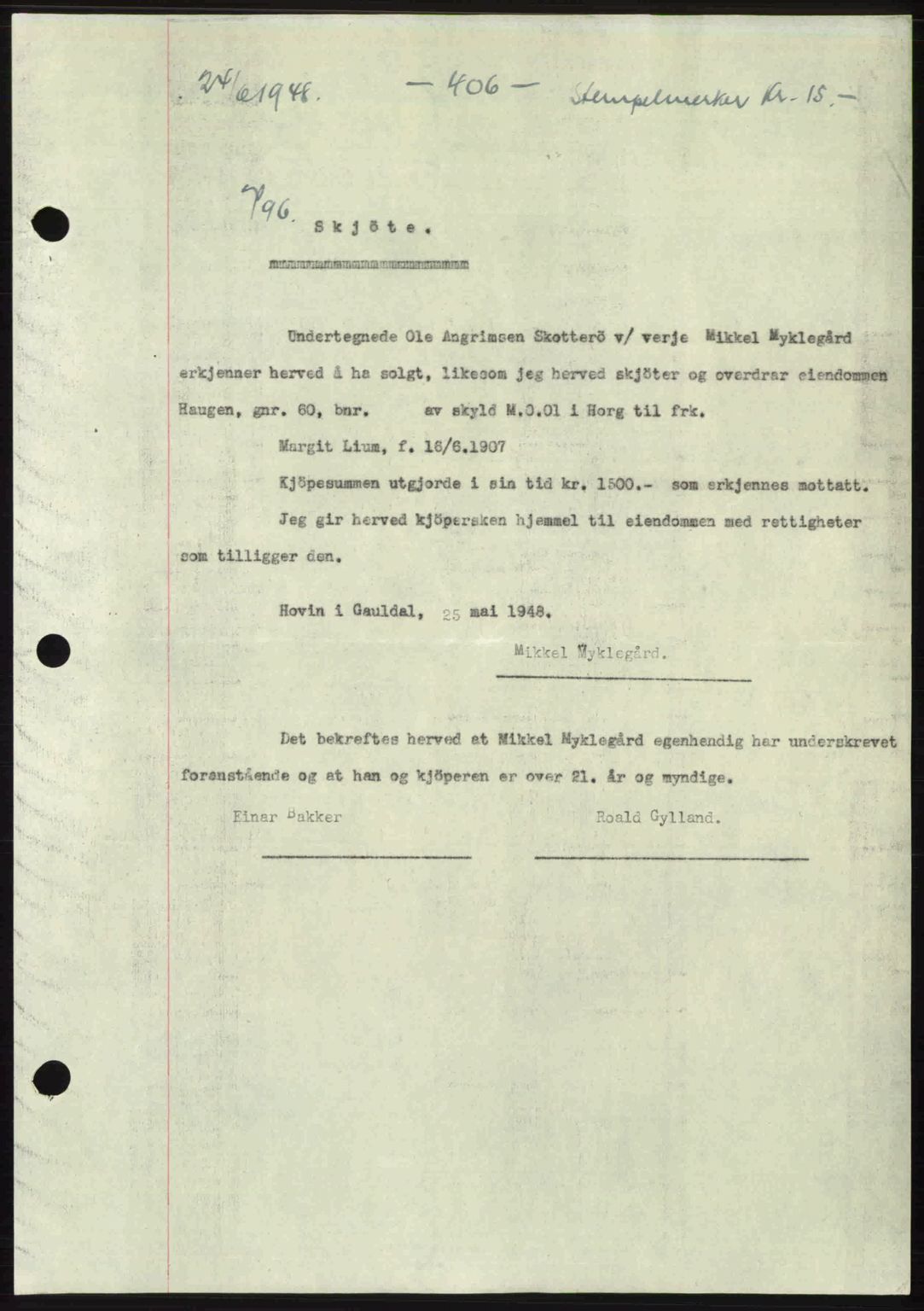 Gauldal sorenskriveri, SAT/A-0014/1/2/2C: Pantebok nr. A6, 1948-1948, Dagboknr: 796/1948