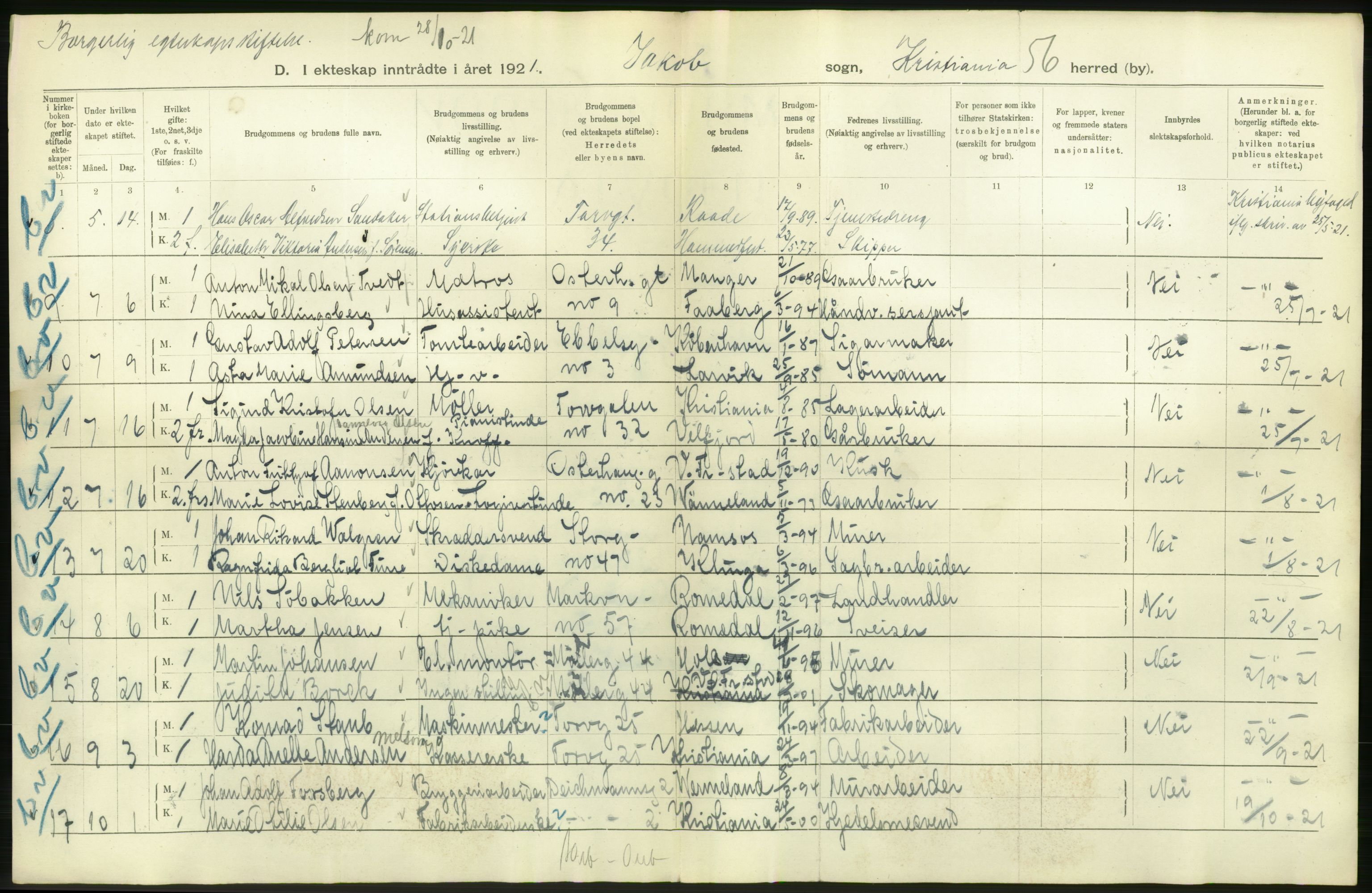 Statistisk sentralbyrå, Sosiodemografiske emner, Befolkning, RA/S-2228/D/Df/Dfc/Dfca/L0011: Kristiania: Gifte, 1921, s. 606