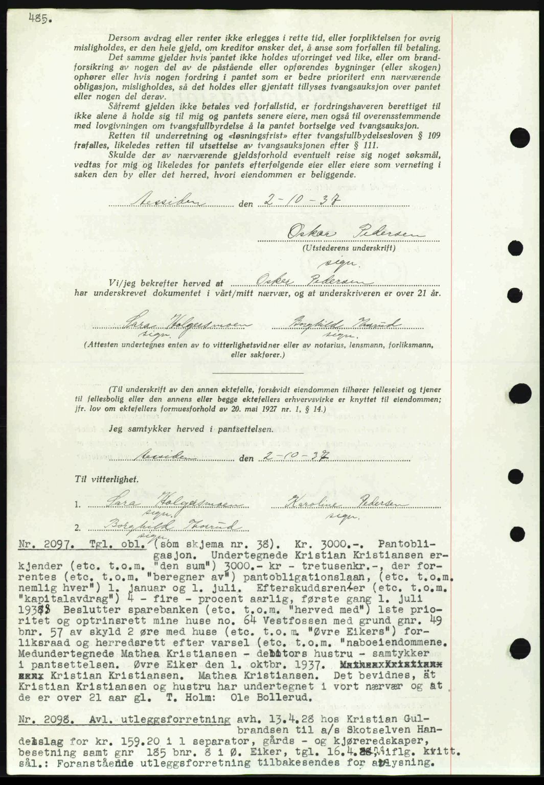 Eiker, Modum og Sigdal sorenskriveri, SAKO/A-123/G/Ga/Gab/L0036: Pantebok nr. A6, 1937-1937, Dagboknr: 2097/1937