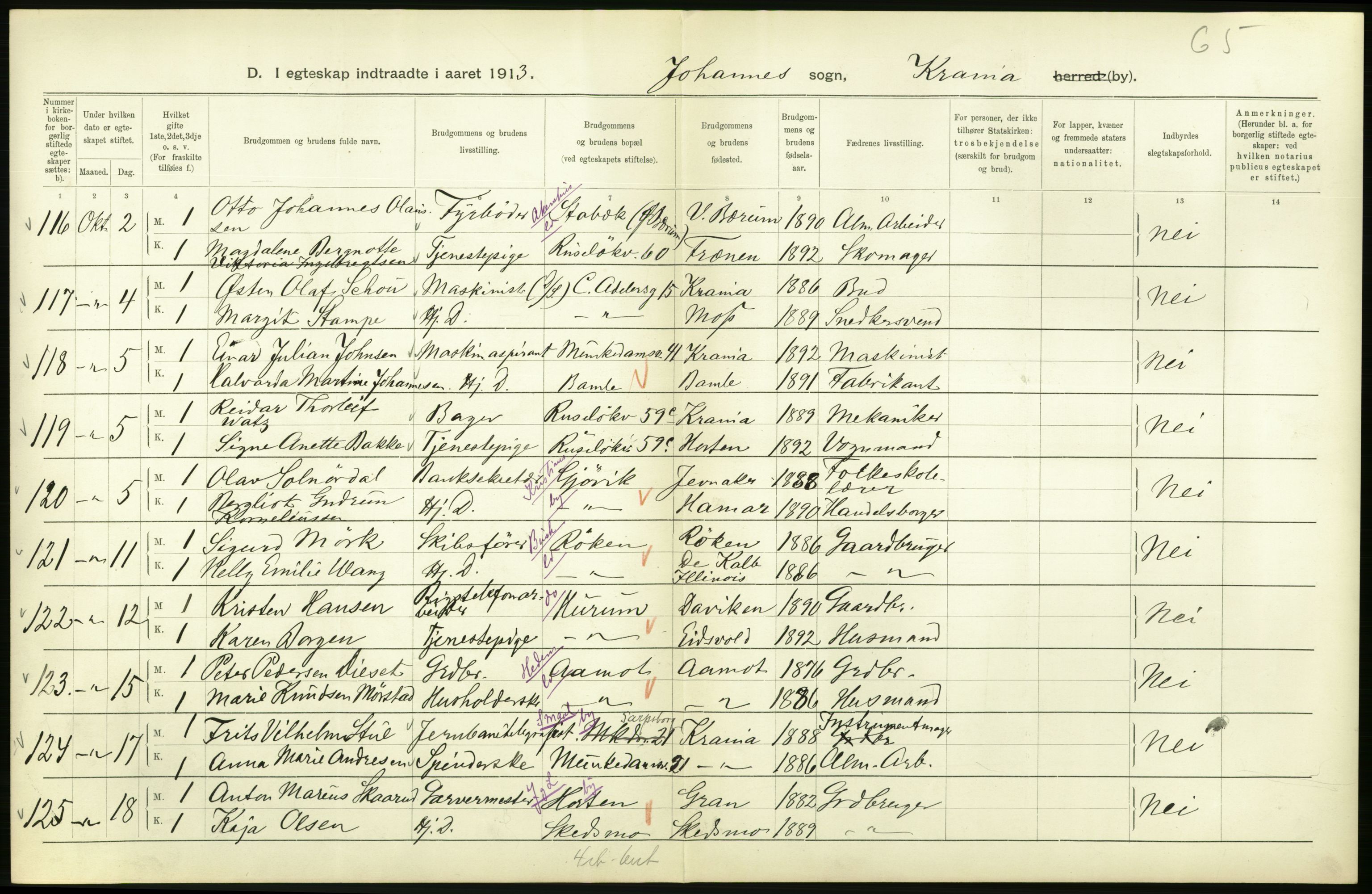 Statistisk sentralbyrå, Sosiodemografiske emner, Befolkning, AV/RA-S-2228/D/Df/Dfb/Dfbc/L0008: Kristiania: Gifte., 1913, s. 726