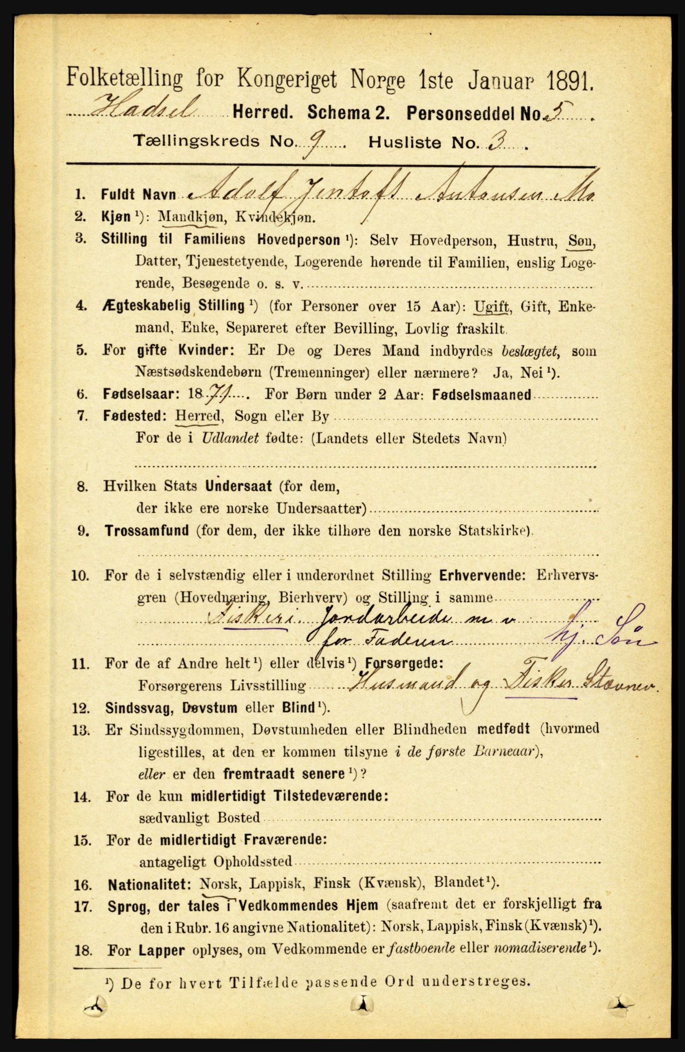 RA, Folketelling 1891 for 1866 Hadsel herred, 1891, s. 3931