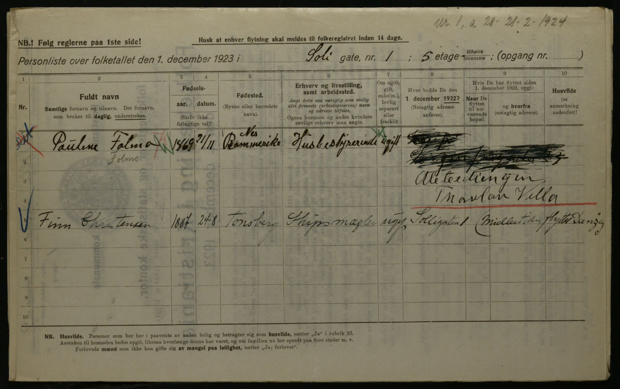 OBA, Kommunal folketelling 1.12.1923 for Kristiania, 1923, s. 109783