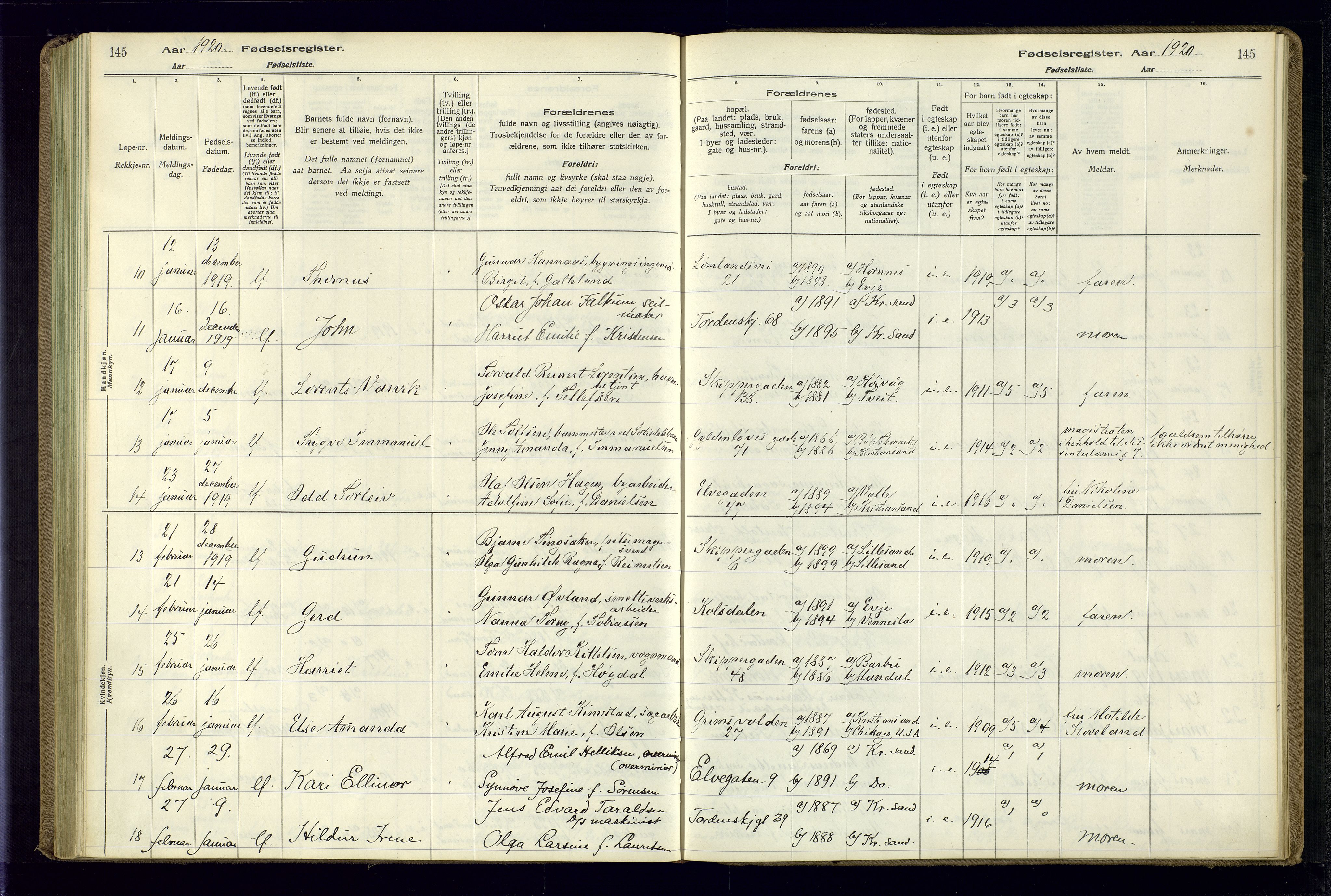 Kristiansand domprosti, AV/SAK-1112-0006/J/Jc/L0001: Fødselsregister nr. A-VI-45, 1916-1921, s. 145