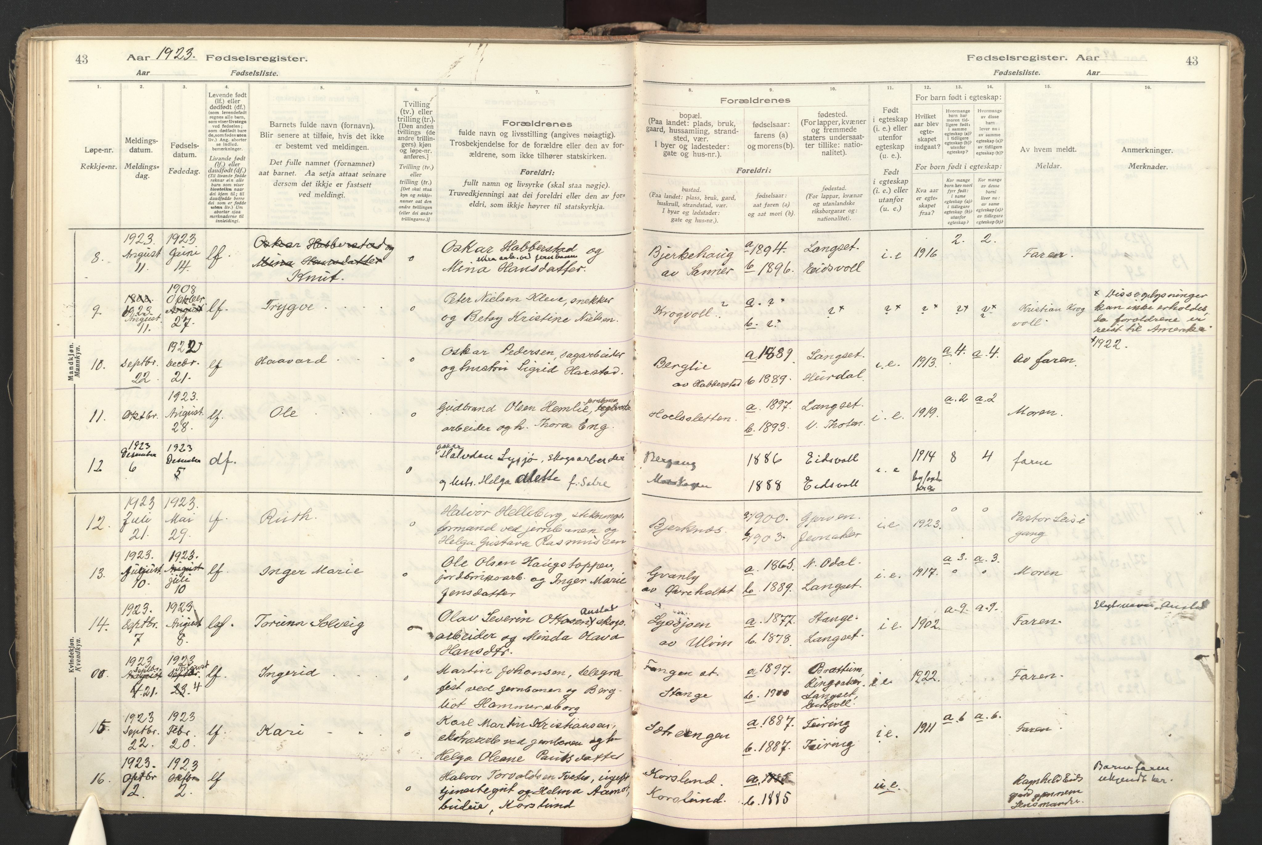 Eidsvoll prestekontor Kirkebøker, AV/SAO-A-10888/J/Jb/L0001: Fødselsregister nr. II 1, 1916-1959, s. 43